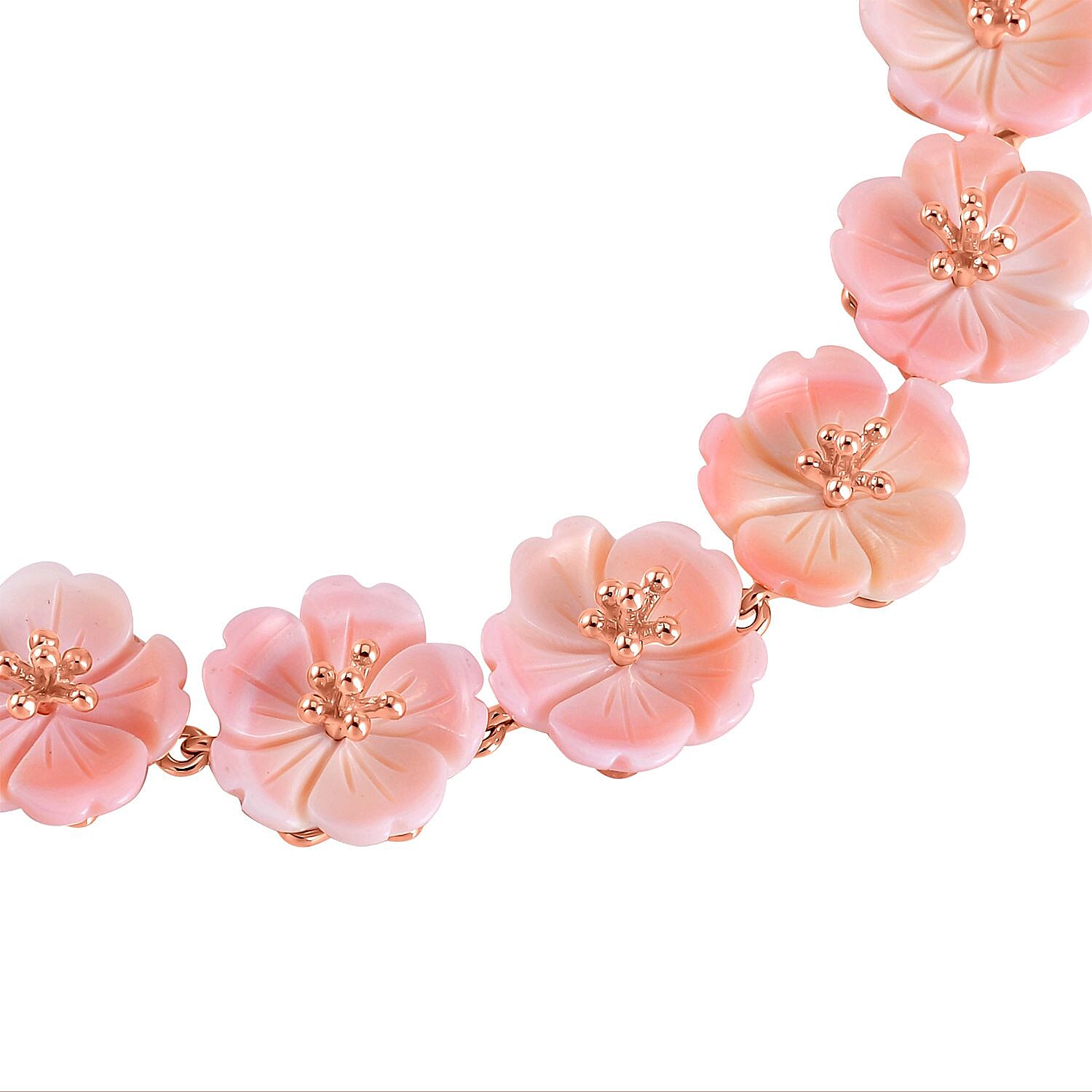 Pink Mother Of Pearl Adjustable Floral Bracelet (Size - 6.5 to 9) in 18K Vermeil Rose Gold Plated Sterling Silver 23.49 Ct, Silver Wt. 8.00 Gms