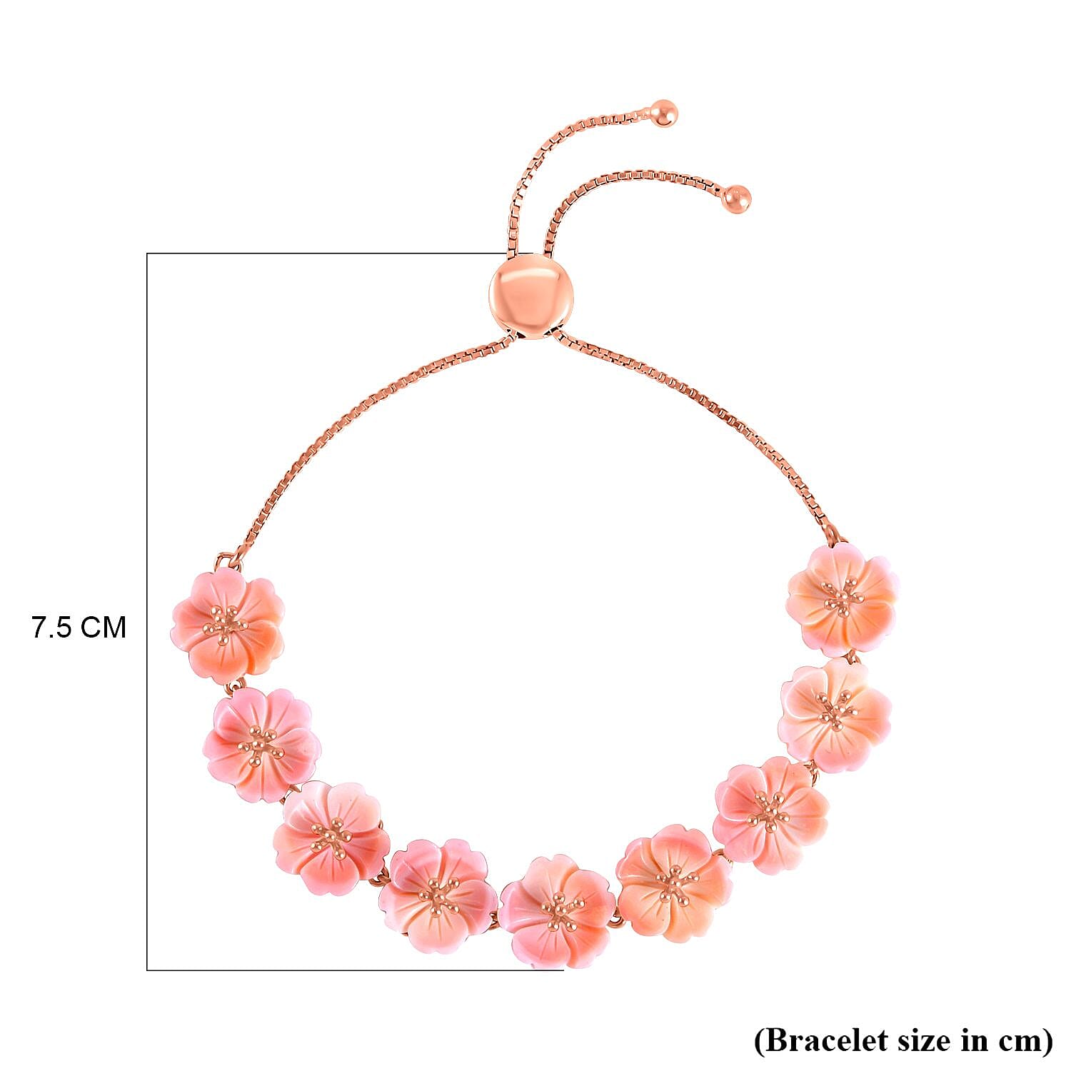 Pink Mother Of Pearl Adjustable Floral Bracelet (Size - 6.5 to 9) in 18K Vermeil Rose Gold Plated Sterling Silver 23.49 Ct, Silver Wt. 8.00 Gms