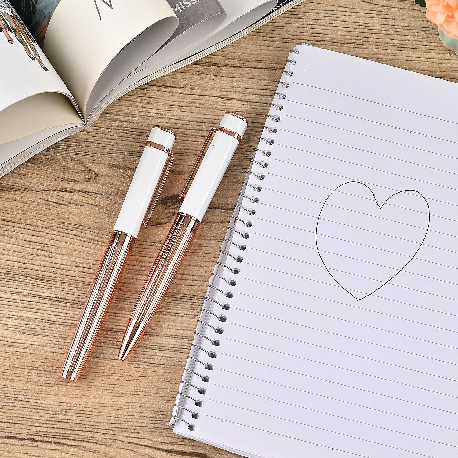 Set of 2 Exquisite Ballpoint Pens with 2 Replacement Blue Ink - White & Rose