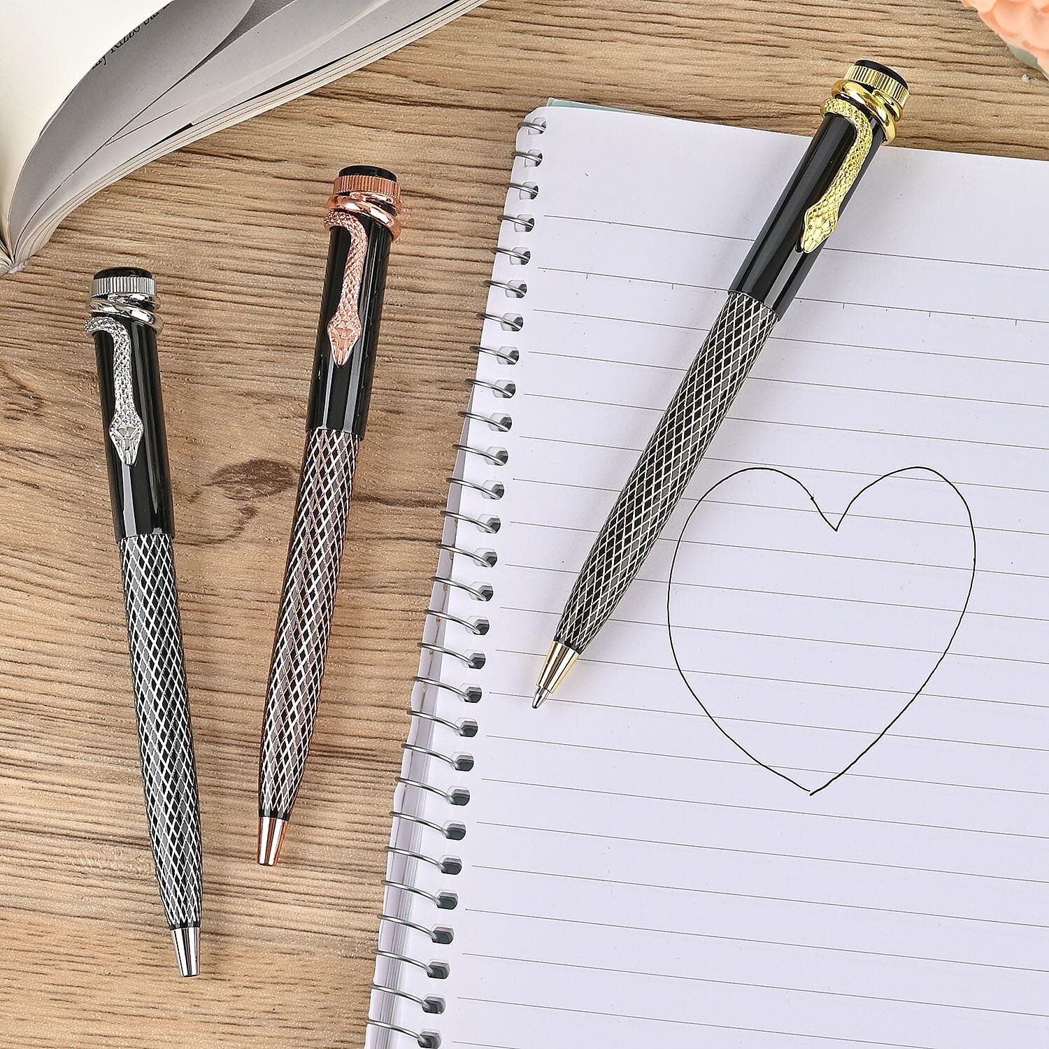 Set of 3 Pens with 3 Blue Replacement Ink - Rose Gold, Gold & Silver