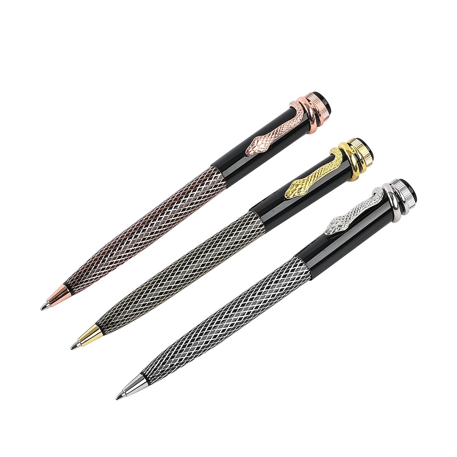 Set of 3 Pens with 3 Blue Replacement Ink - Rose Gold, Gold & Silver