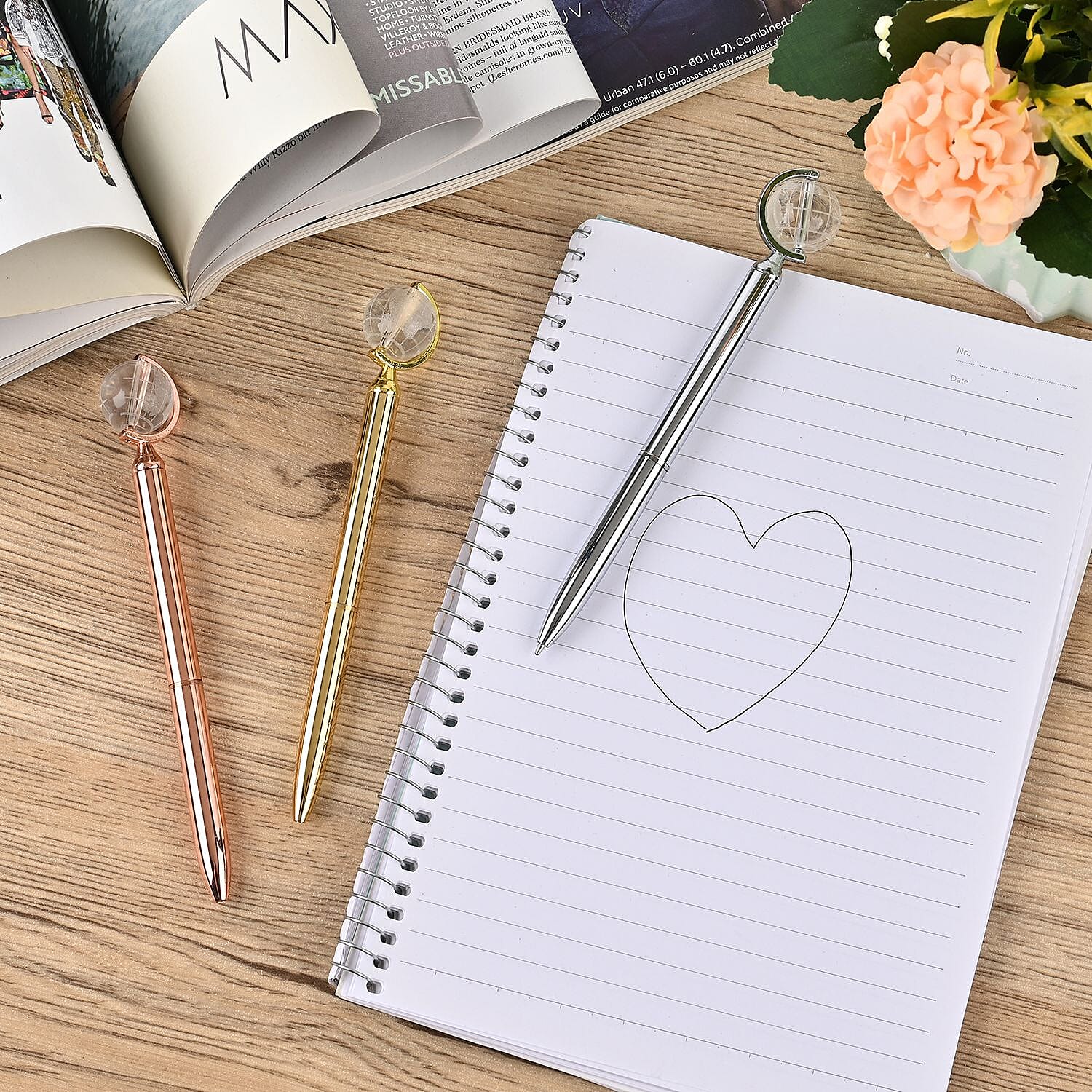 Set of 3 Pens with 3 Blue Replacement Ink - Rose Gold, Gold - Silver