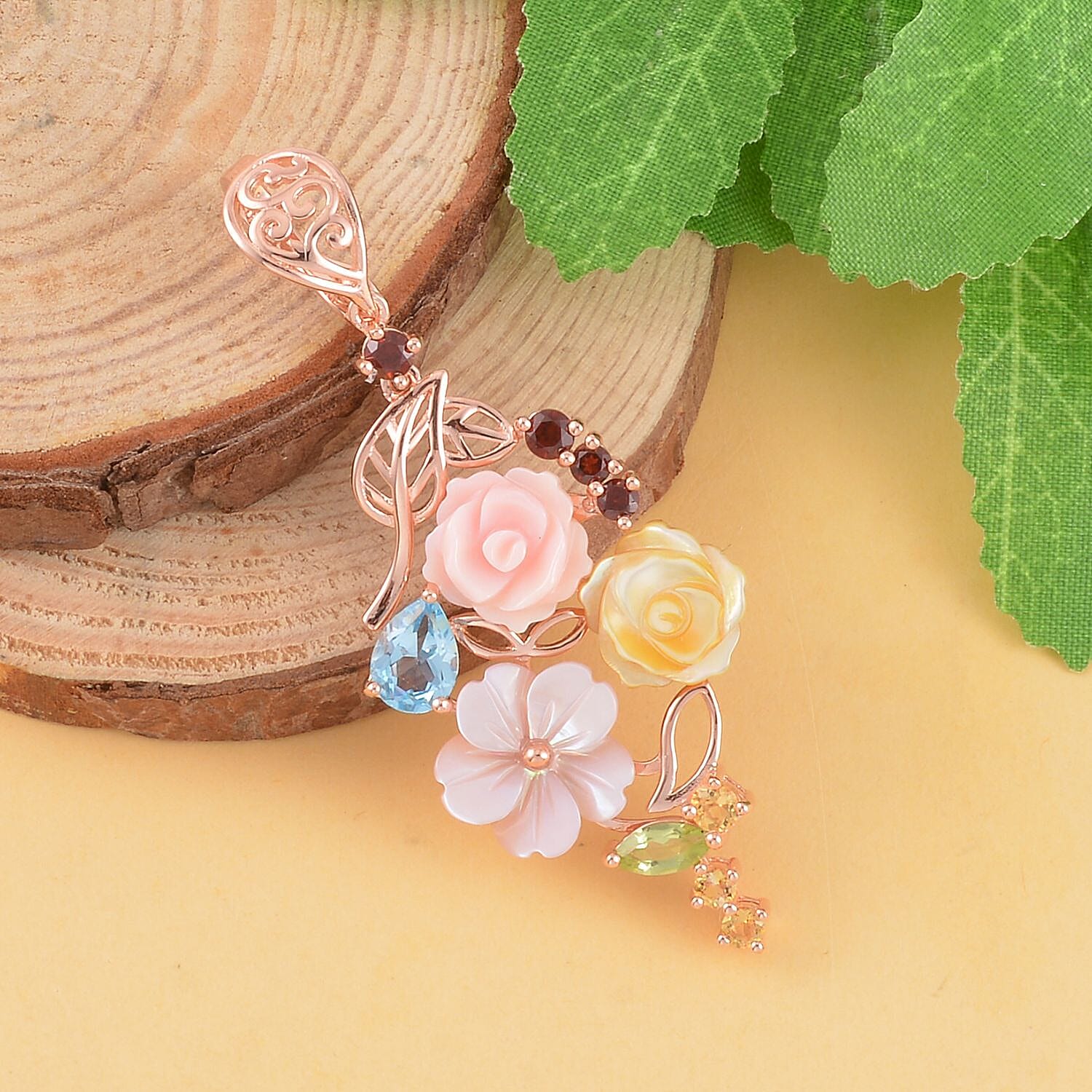 Purple Mother of Pearl & Multi Gemstone Pendant in 18K Vermeil Rose Gold Plated Sterling Silver 8.68 Ct.