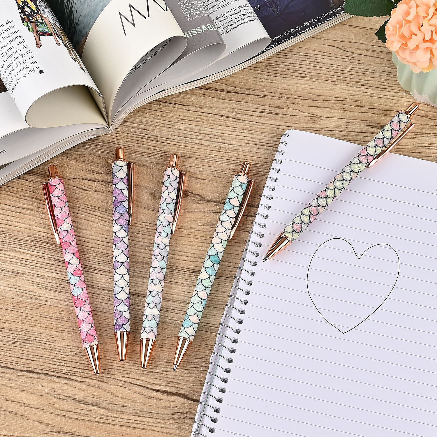 Exquisite Set of 5 Pens with 5 Blue Replacement Ink - Mermaid