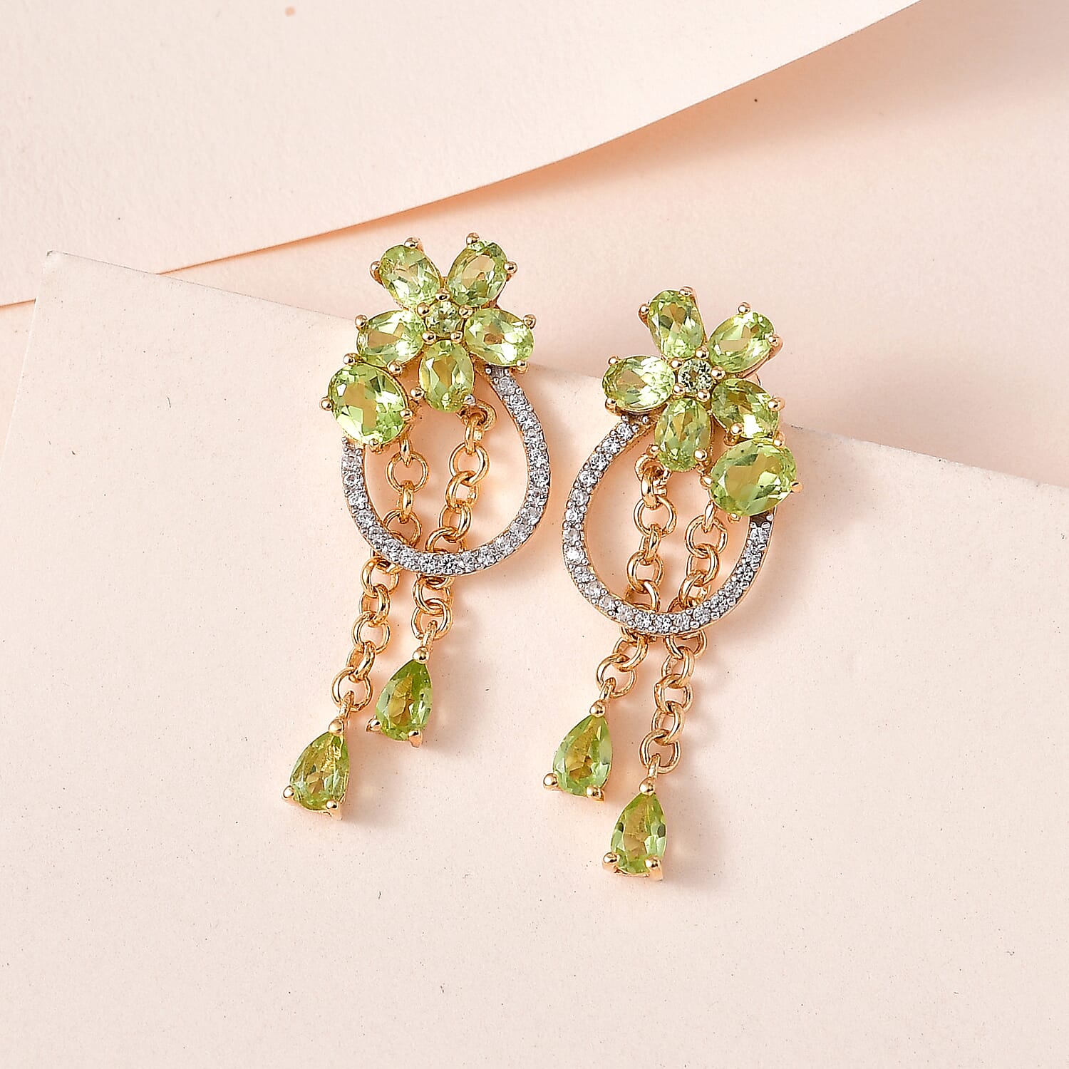 Hebei Peridot and Natural Zircon Dangle Earrings in 18K Yellow Gold Vermeil Plated Sterling Silver 3.81 Ct