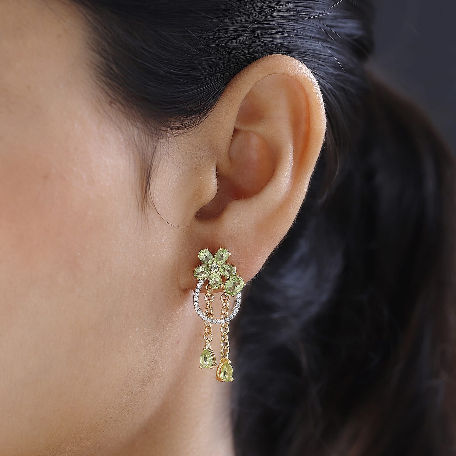 Hebei Peridot and Natural Zircon Dangle Earrings in 18K Yellow Gold Vermeil Plated Sterling Silver 3.81 Ct