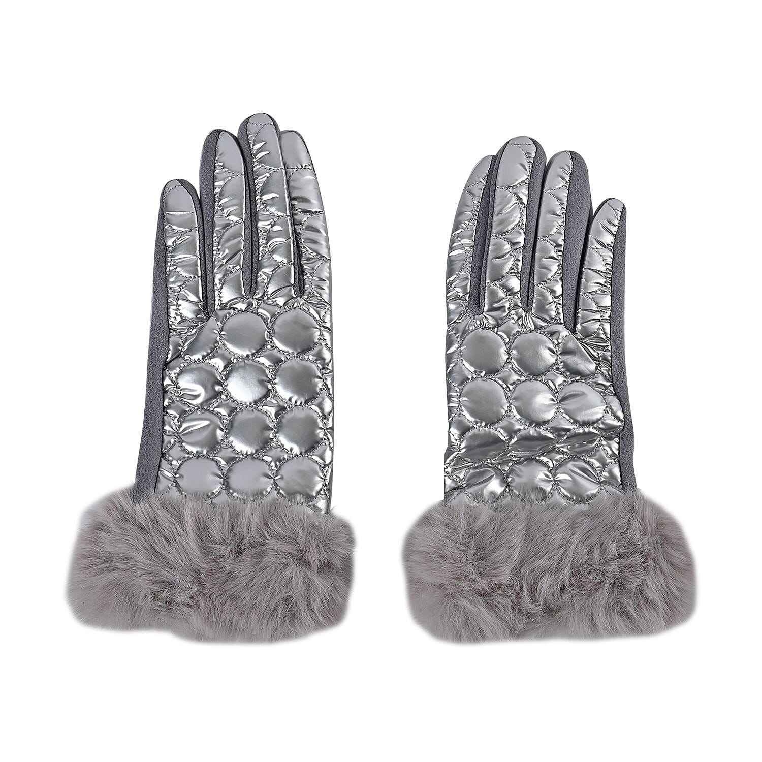 Quilting Gloves With Faux Fur Cuff & Screen Touch Mode - Light Grey