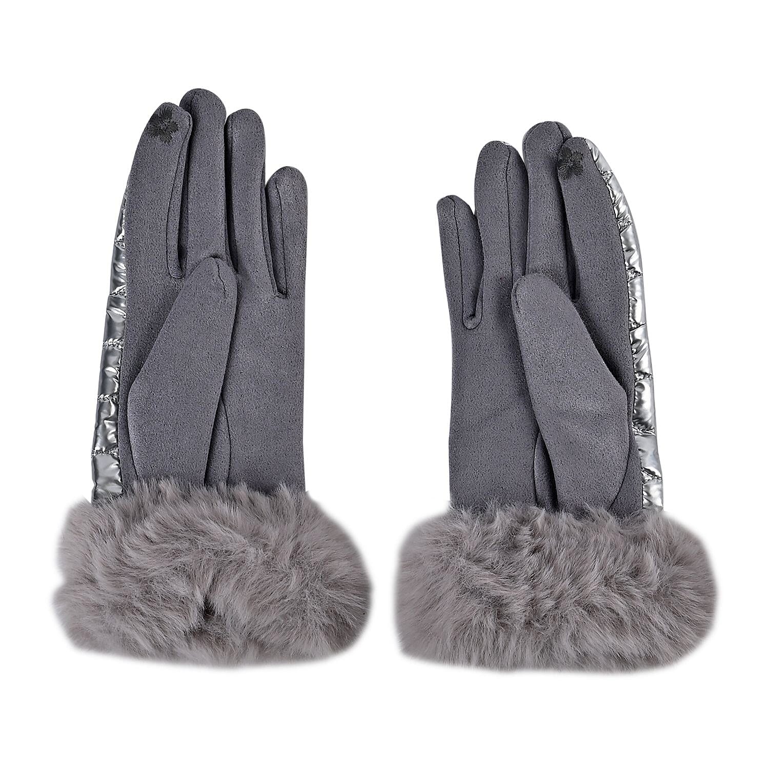 Quilting Gloves With Faux Fur Cuff & Screen Touch Mode - Light Grey