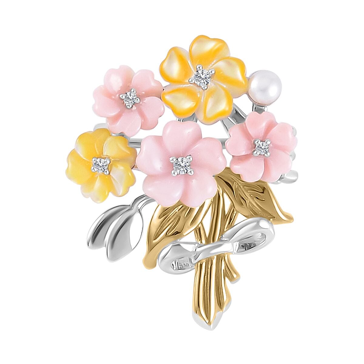 Pink Mother Of Pearl, Fresh Water Pearl, Natural Zircon & Yellow Mother Of Pearl Pendant  in Rhodium and 18K Yellow Gold Vermeil Plated Sterling Silver 3.74 Ct.