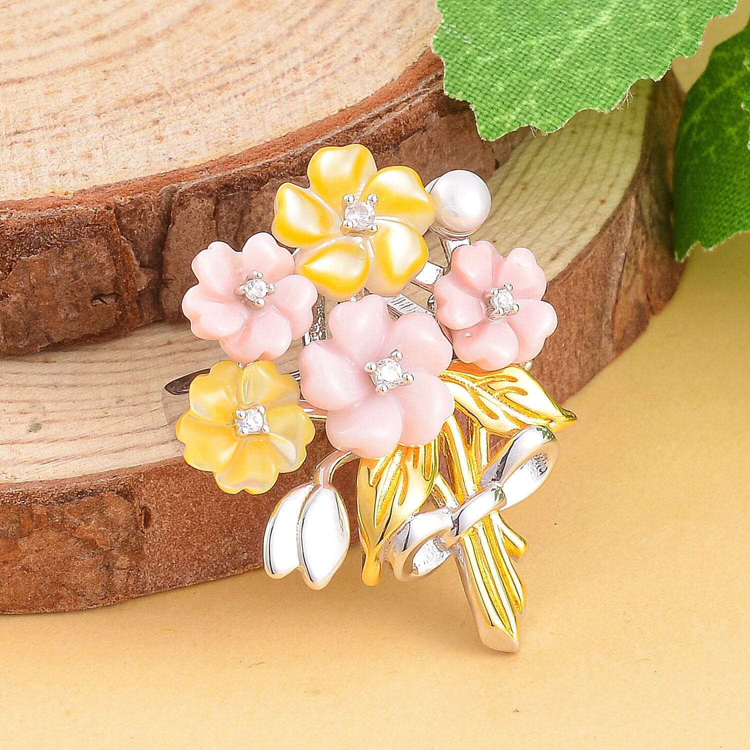 Pink Mother Of Pearl, Fresh Water Pearl, Natural Zircon & Yellow Mother Of Pearl Pendant  in Rhodium and 18K Yellow Gold Vermeil Plated Sterling Silver 3.74 Ct.