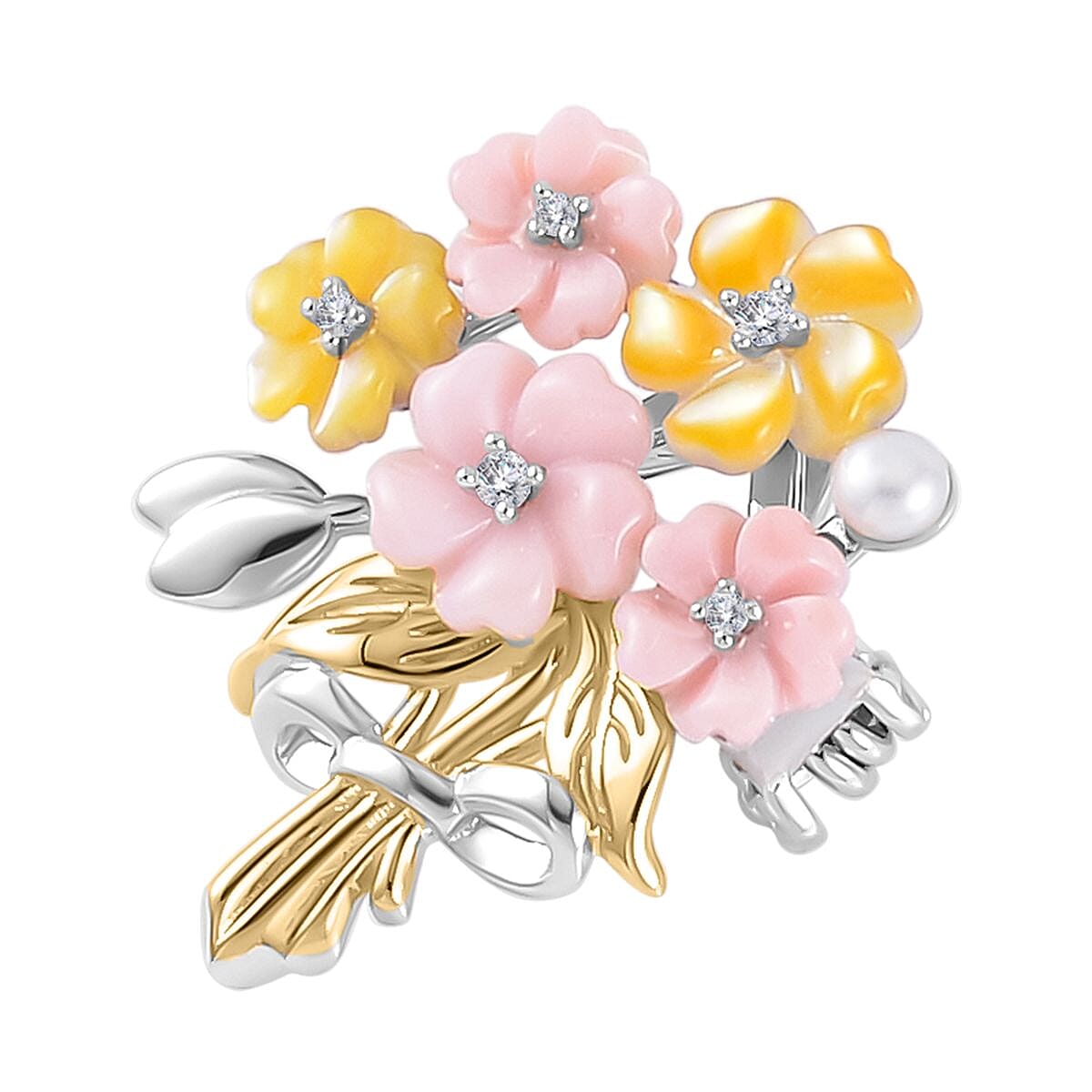 Pink Mother Of Pearl, Fresh Water Pearl, Natural Zircon & Yellow Mother Of Pearl Pendant  in Rhodium and 18K Yellow Gold Vermeil Plated Sterling Silver 3.74 Ct.