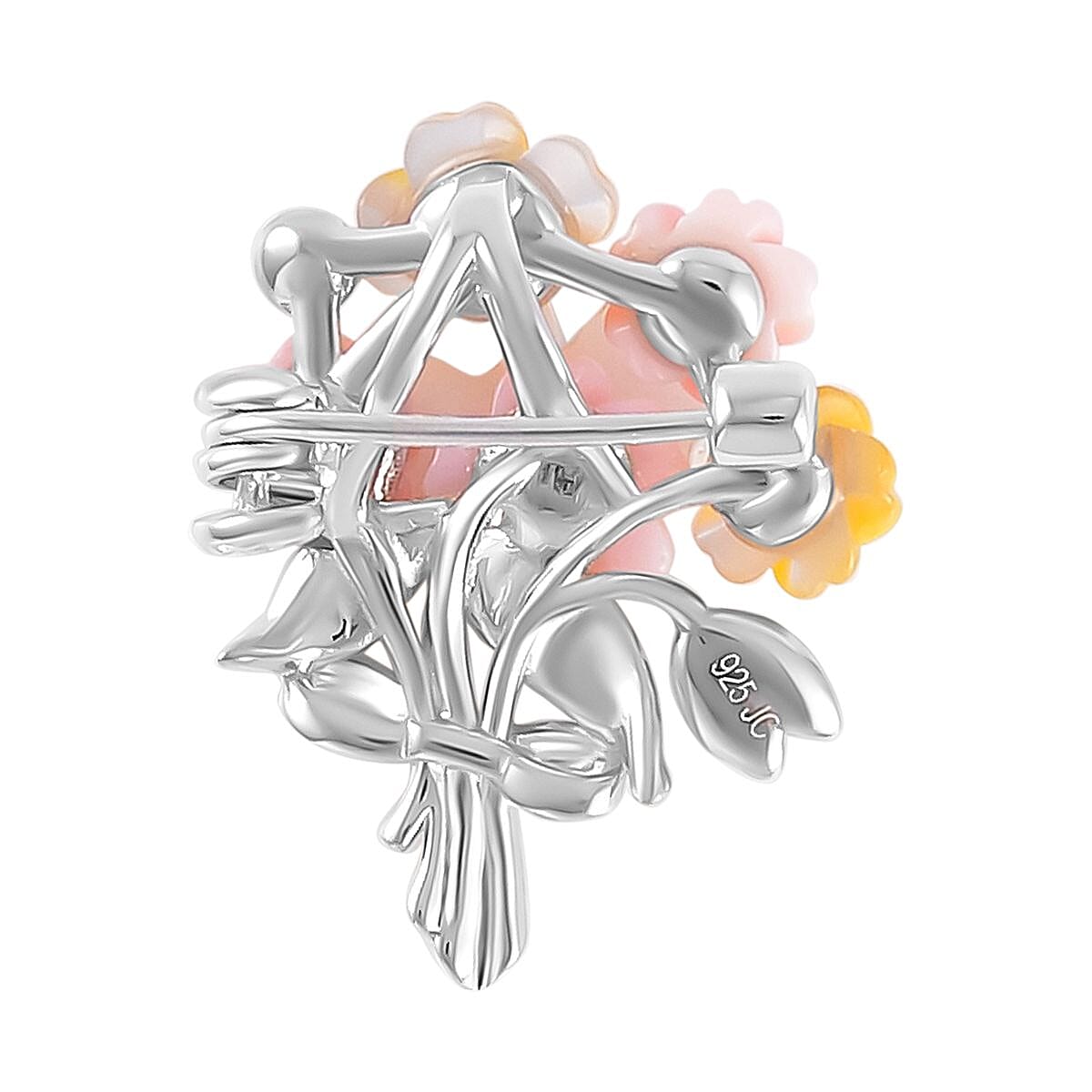 Pink Mother Of Pearl, Fresh Water Pearl, Natural Zircon & Yellow Mother Of Pearl Pendant  in Rhodium and 18K Yellow Gold Vermeil Plated Sterling Silver 3.74 Ct.