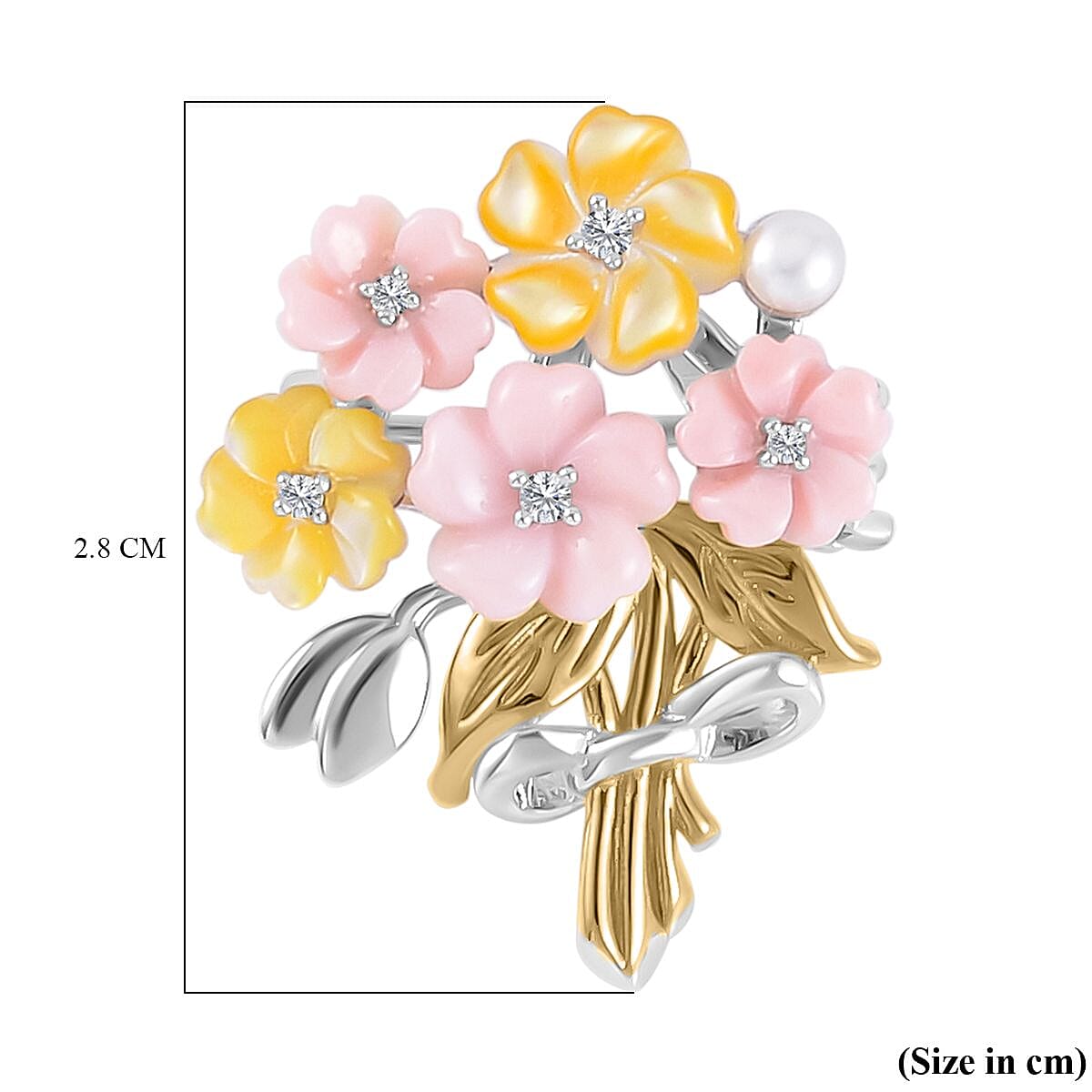 Pink Mother Of Pearl, Fresh Water Pearl, Natural Zircon & Yellow Mother Of Pearl Pendant  in Rhodium and 18K Yellow Gold Vermeil Plated Sterling Silver 3.74 Ct.