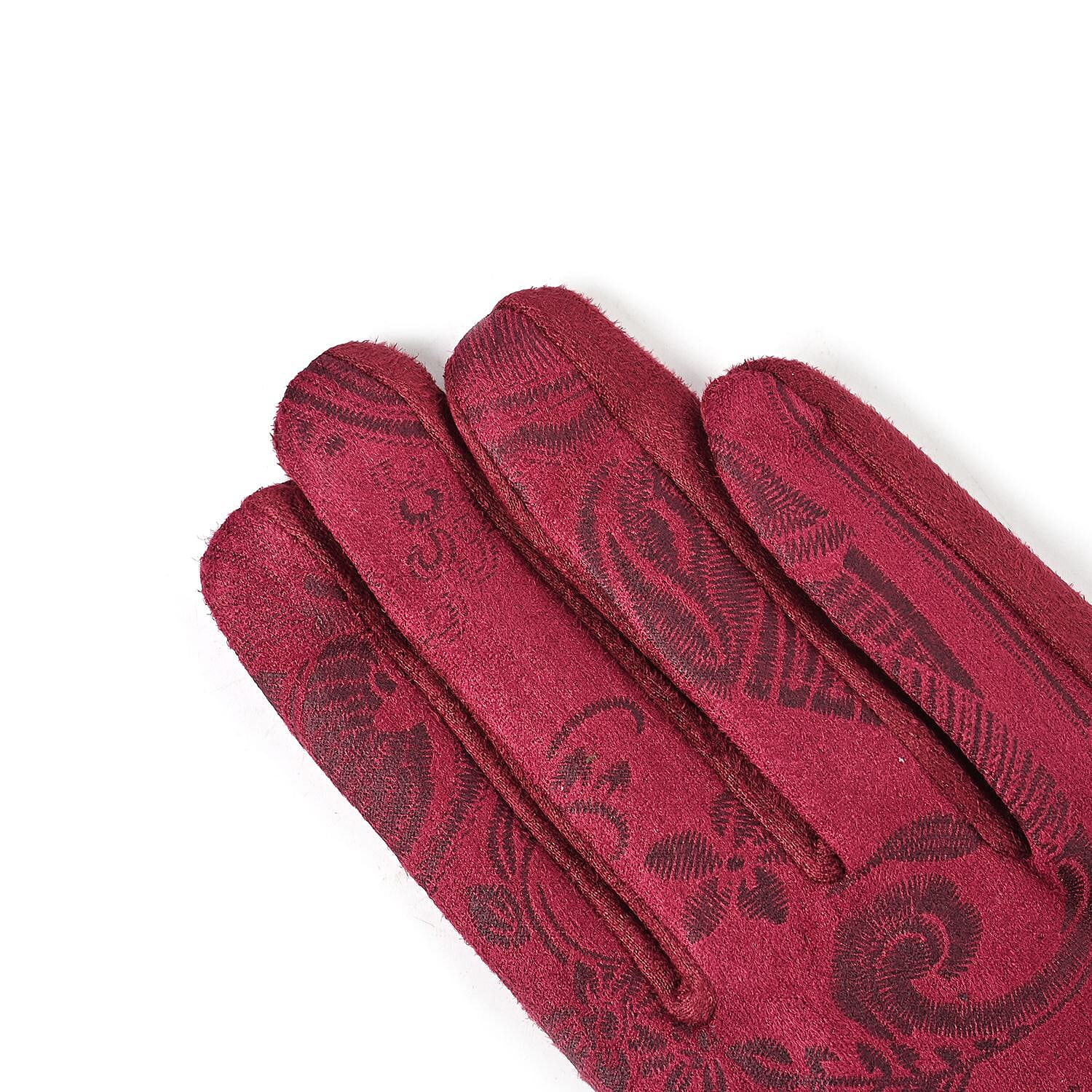Closeout Deal - Printed suede Winter gloves, screen touch - Maroon