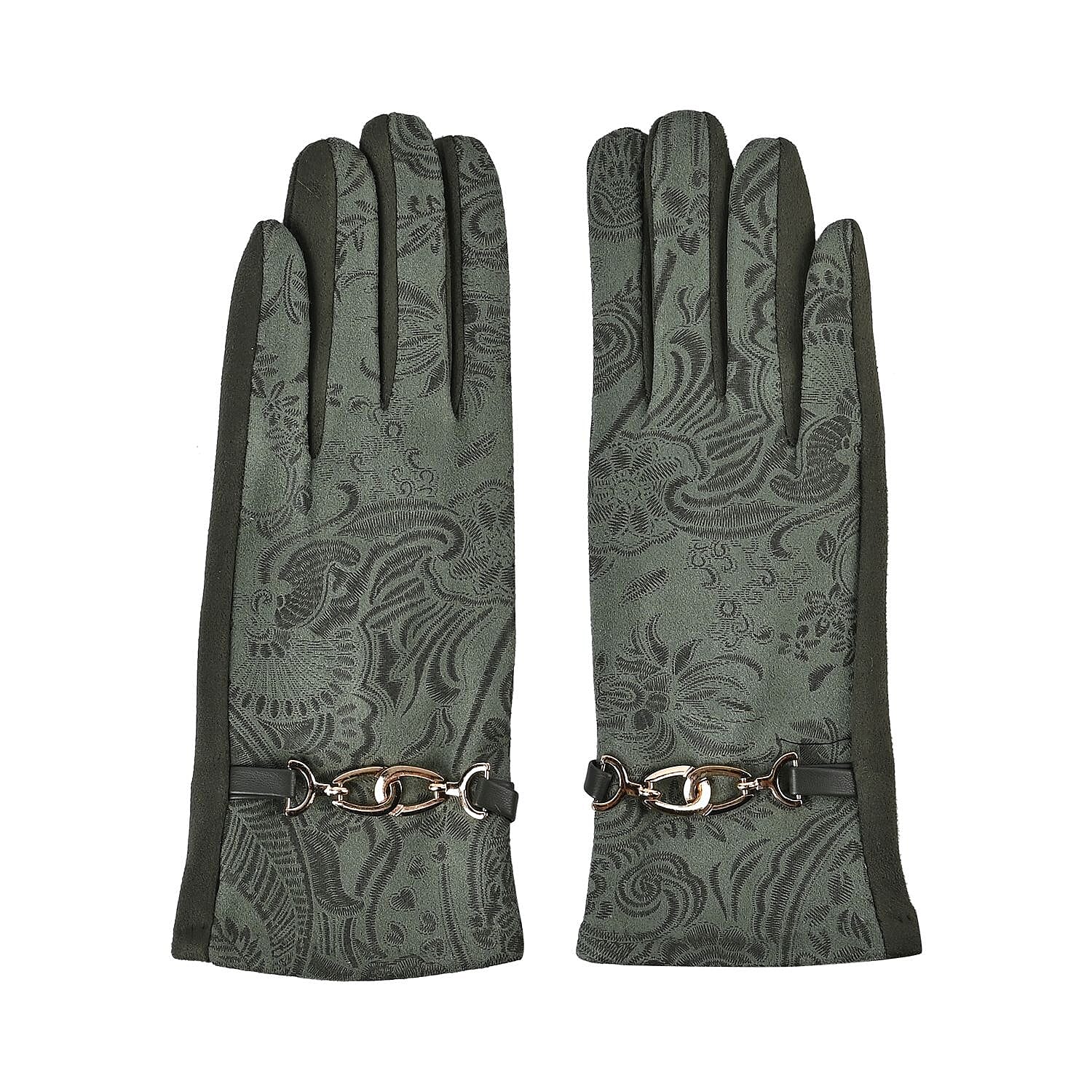 Closeout Deal - Printed Suede Screen Touch Winter Gloves - Green