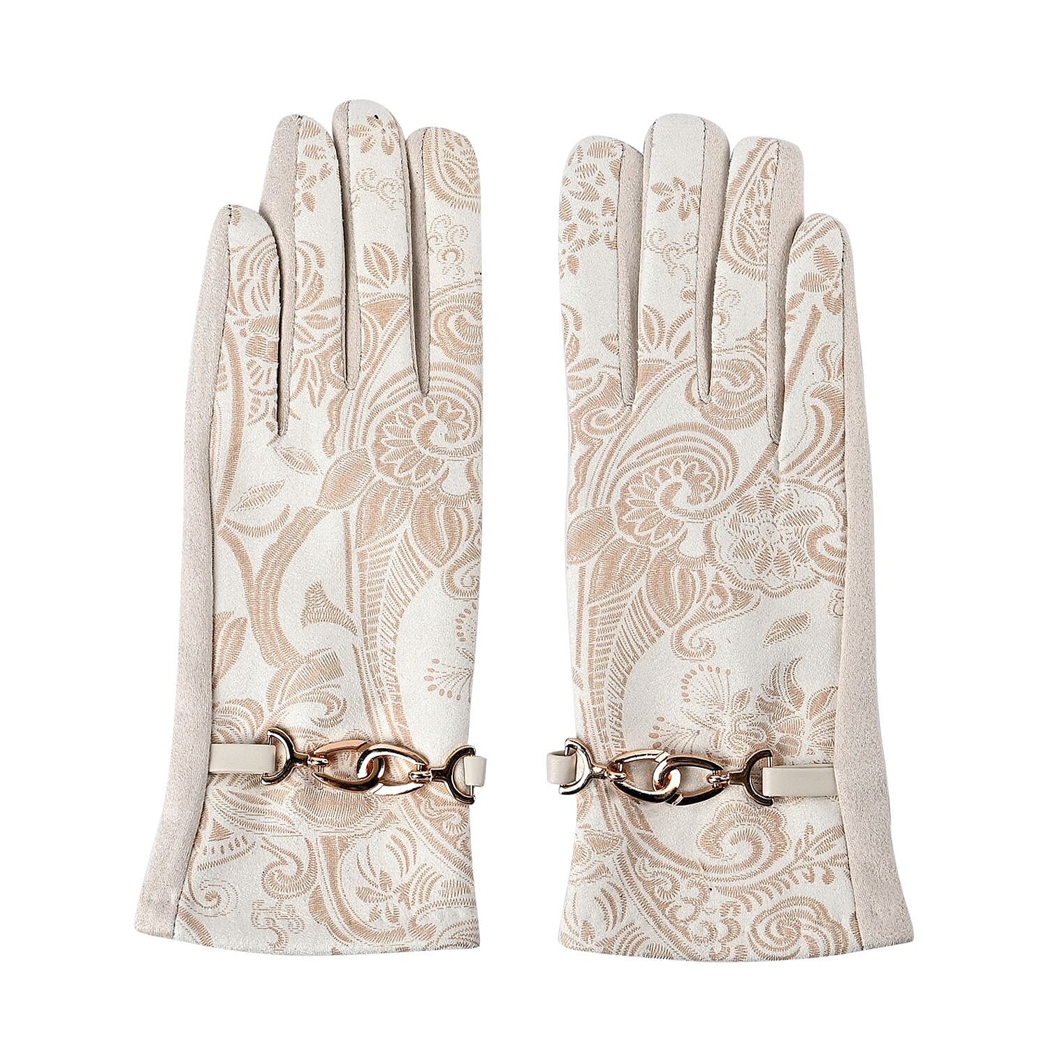 Closeout Deal - Printed Suede Screen Touch Winter Gloves - White