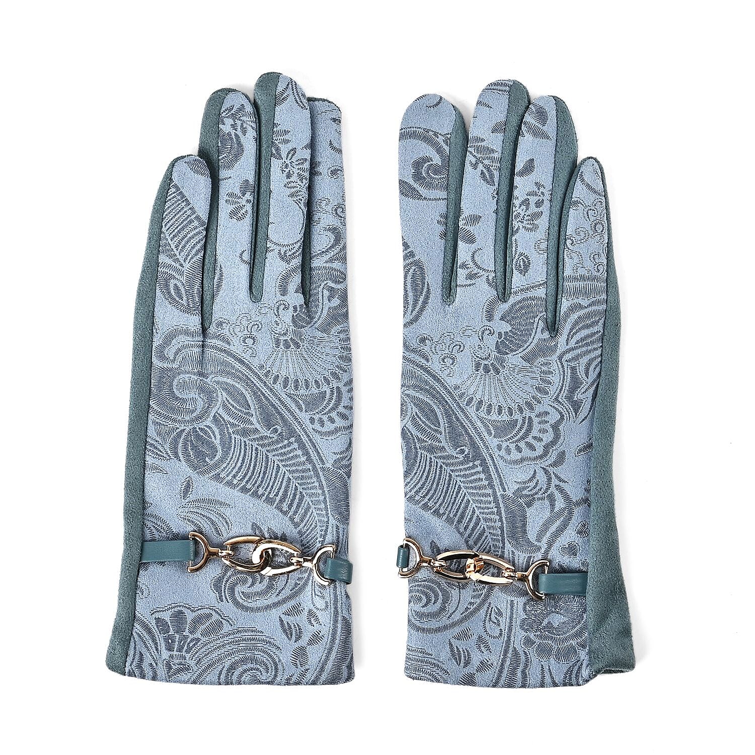 Closeout Deal - Printed Suede Screen Touch Winter Gloves - Teal