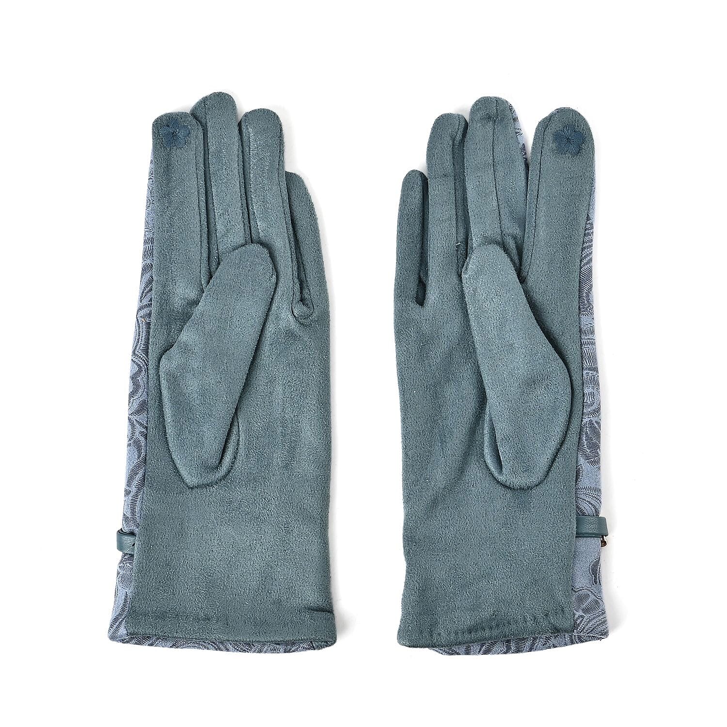 Closeout Deal - Printed Suede Screen Touch Winter Gloves - Teal