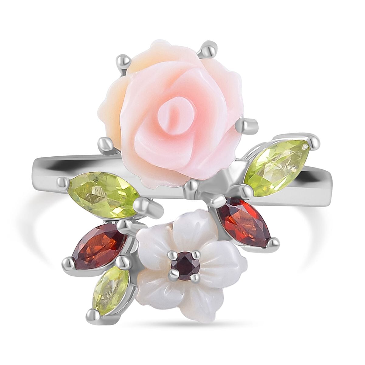 Pink Mother Of Pearl & Multi Gemstone Floral Ring in Rhodium Overlay Sterling Silver 4.58 Ct.