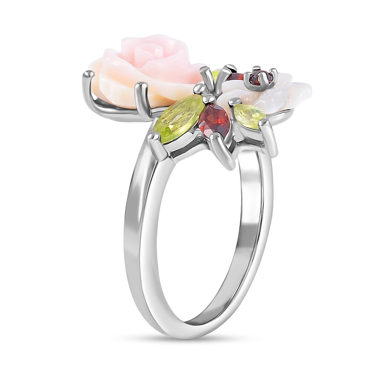 Pink Mother Of Pearl & Multi Gemstone Floral Ring in Rhodium Overlay Sterling Silver 4.58 Ct.