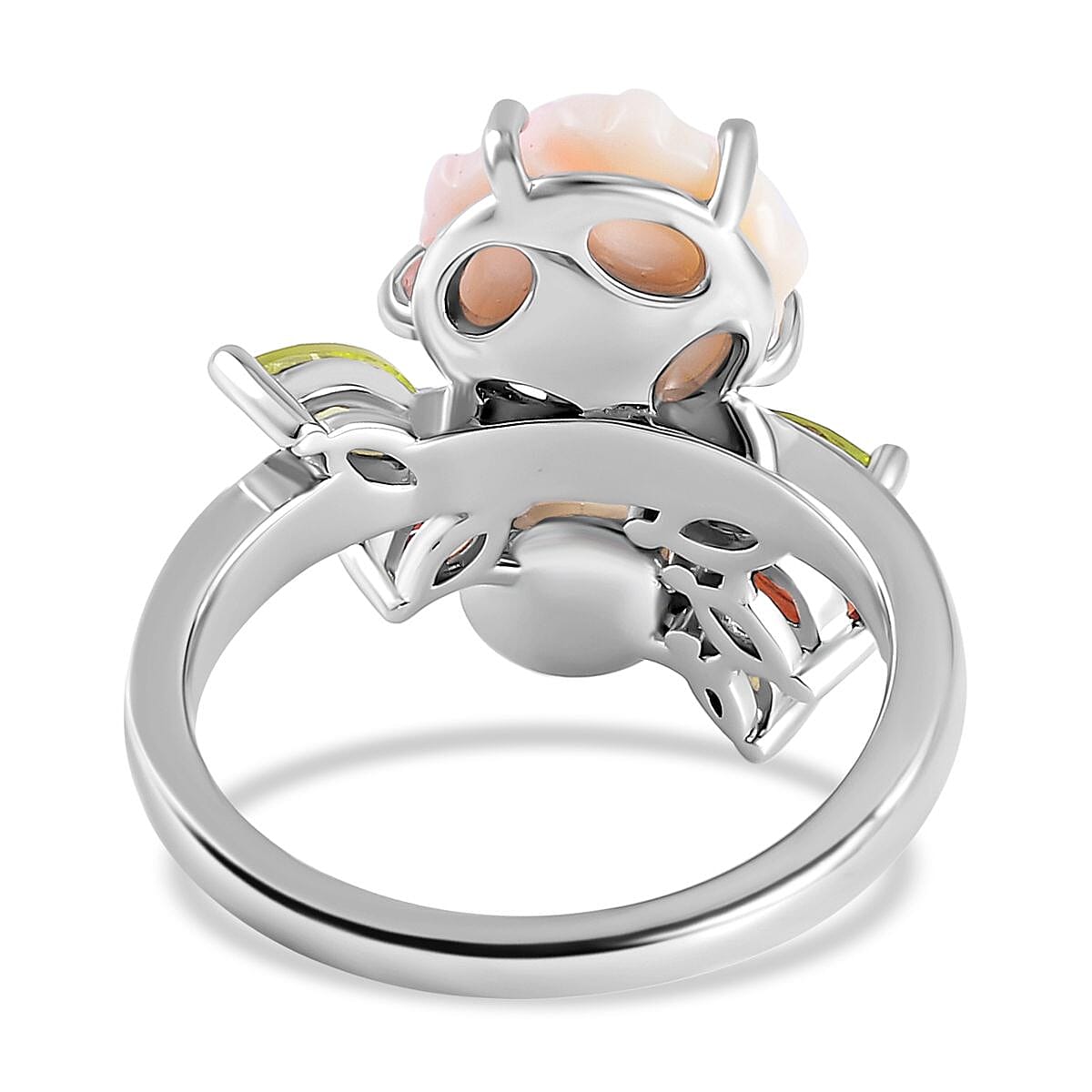 Pink Mother Of Pearl & Multi Gemstone Floral Ring in Rhodium Overlay Sterling Silver 4.58 Ct.