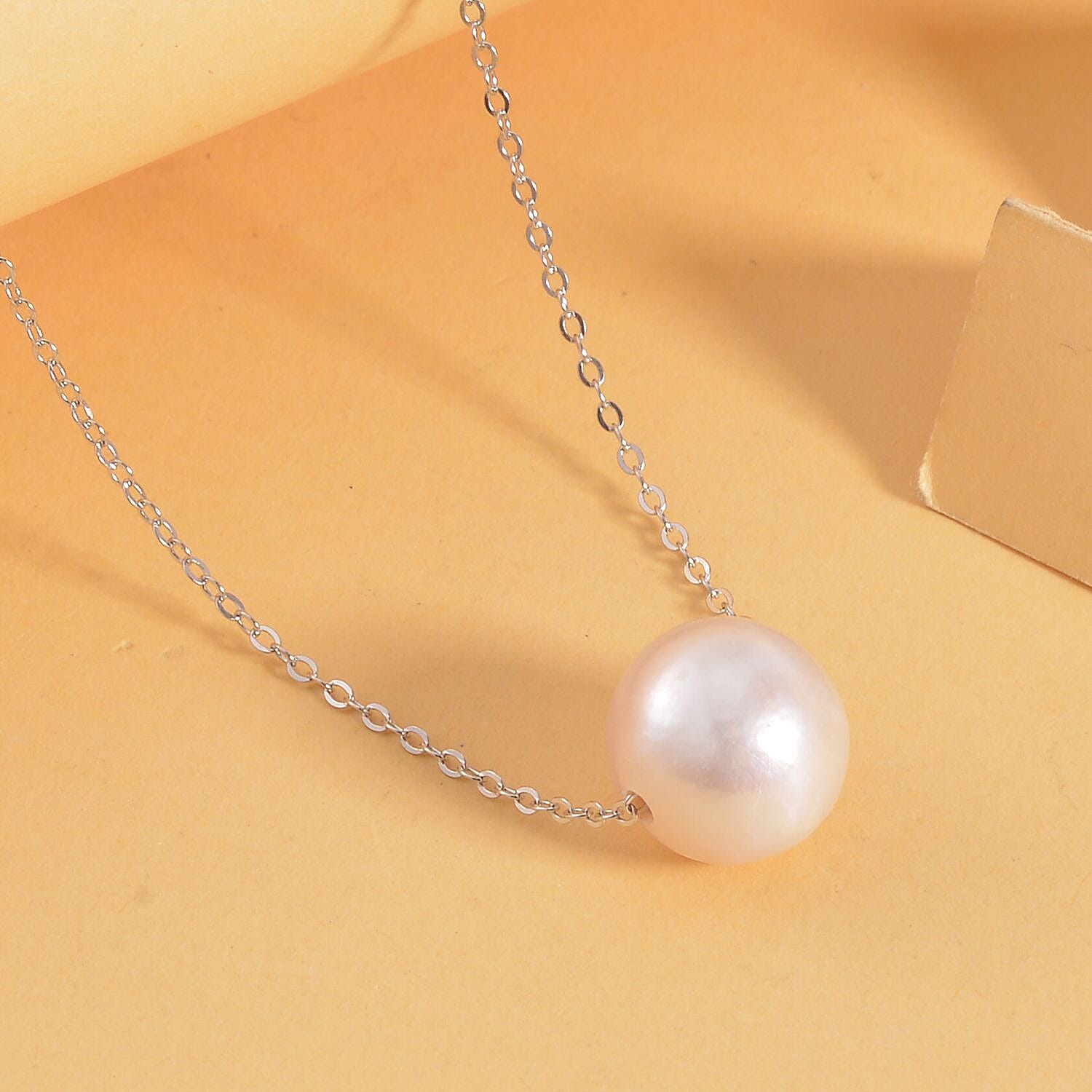 White Edison Pearl Necklace (Size 18) with Spring Ring Clasp in Rhodium Overlay Sterling Silver 9.80 Ct.
