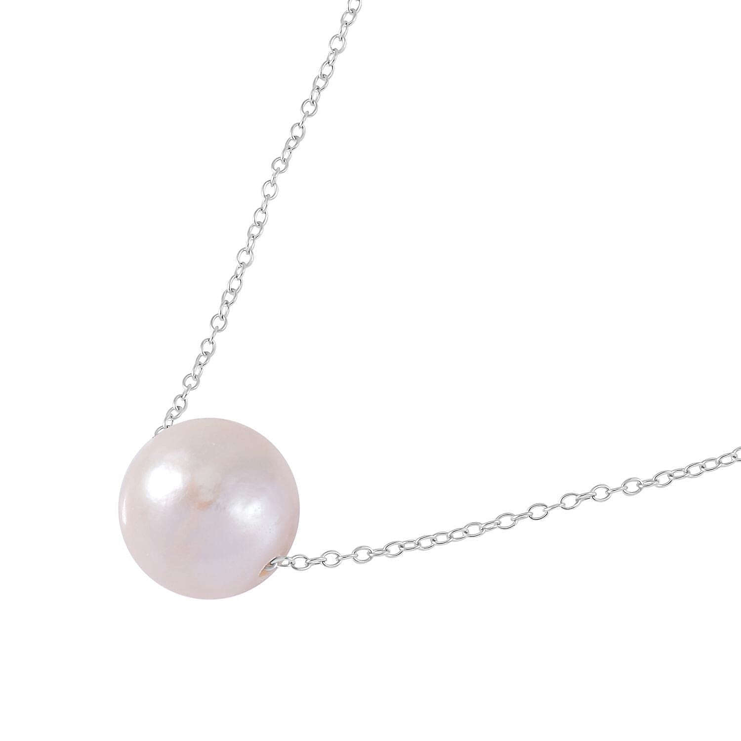 White Edison Pearl Necklace (Size 18) with Spring Ring Clasp in Rhodium Overlay Sterling Silver 9.80 Ct.