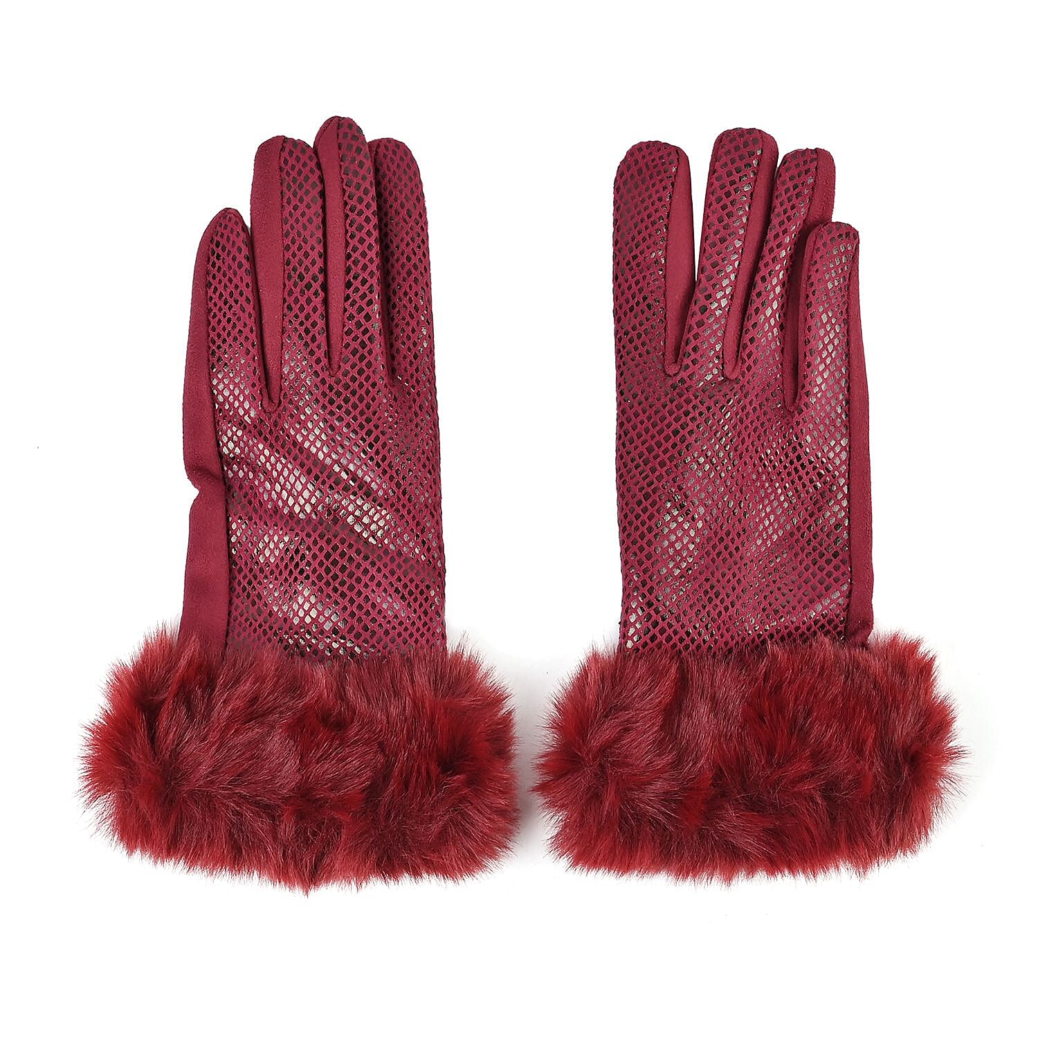 Snakeskin Pattern Touch Screen Super Warm Gloves with Faux Fur Cuff - Burgundy