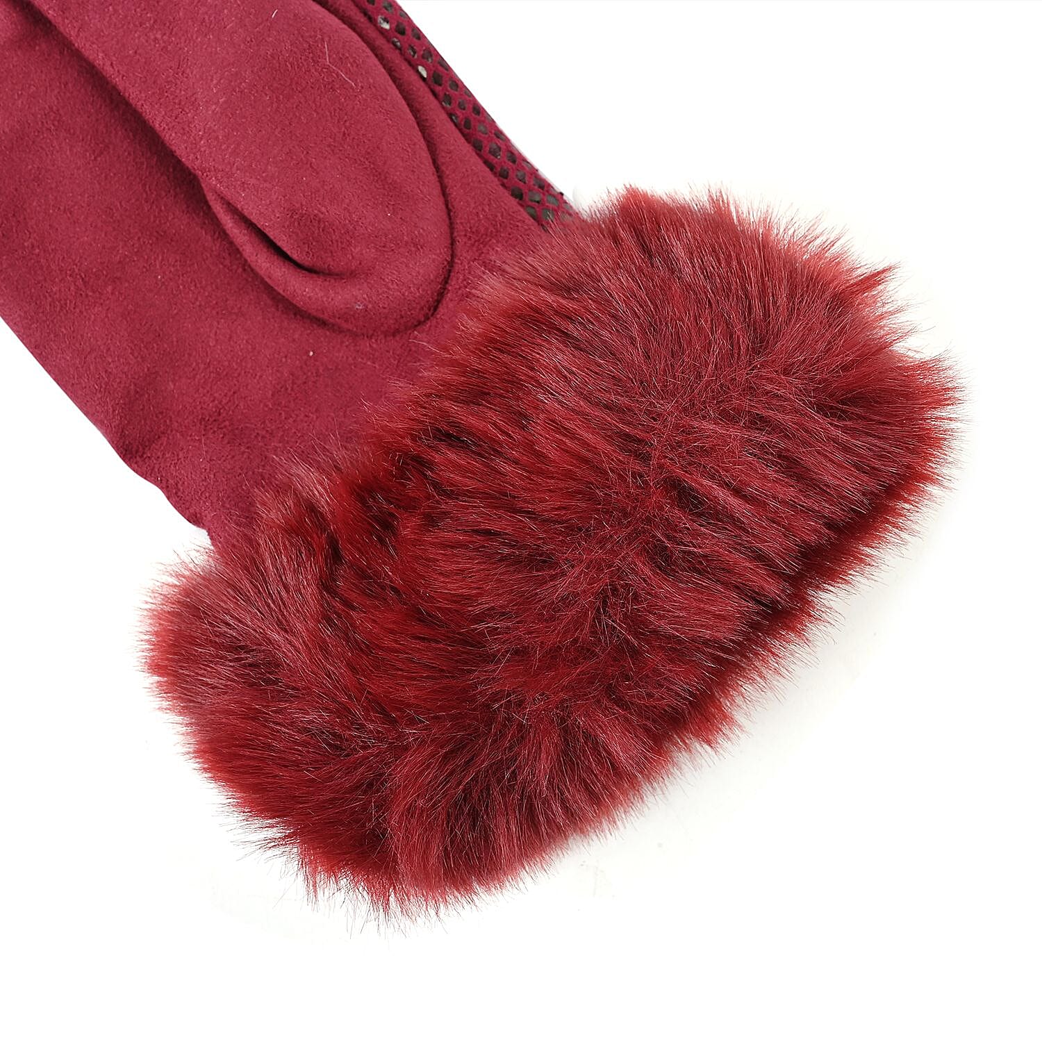 Snakeskin Pattern Touch Screen Super Warm Gloves with Faux Fur Cuff - Burgundy