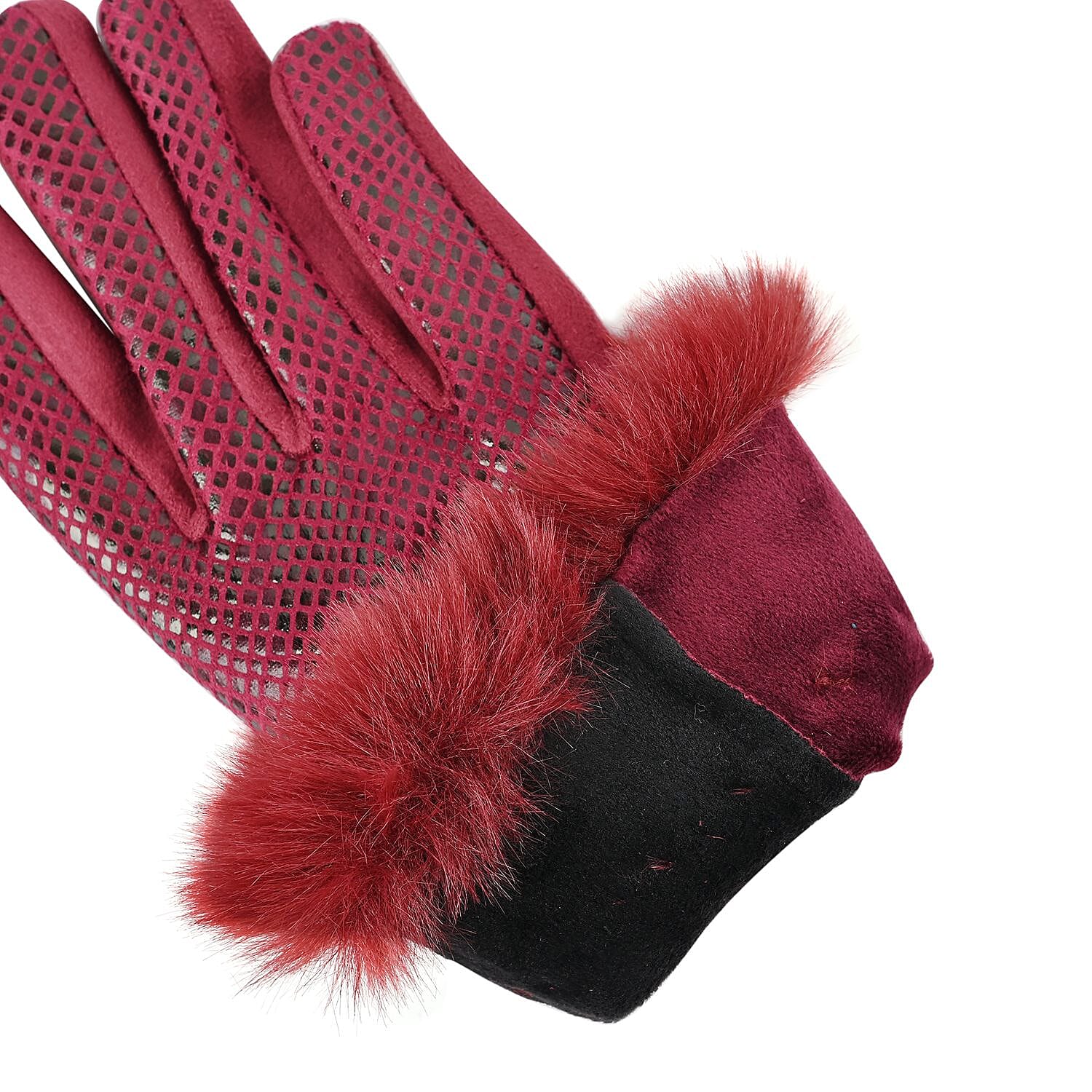 Snakeskin Pattern Touch Screen Super Warm Gloves with Faux Fur Cuff - Burgundy