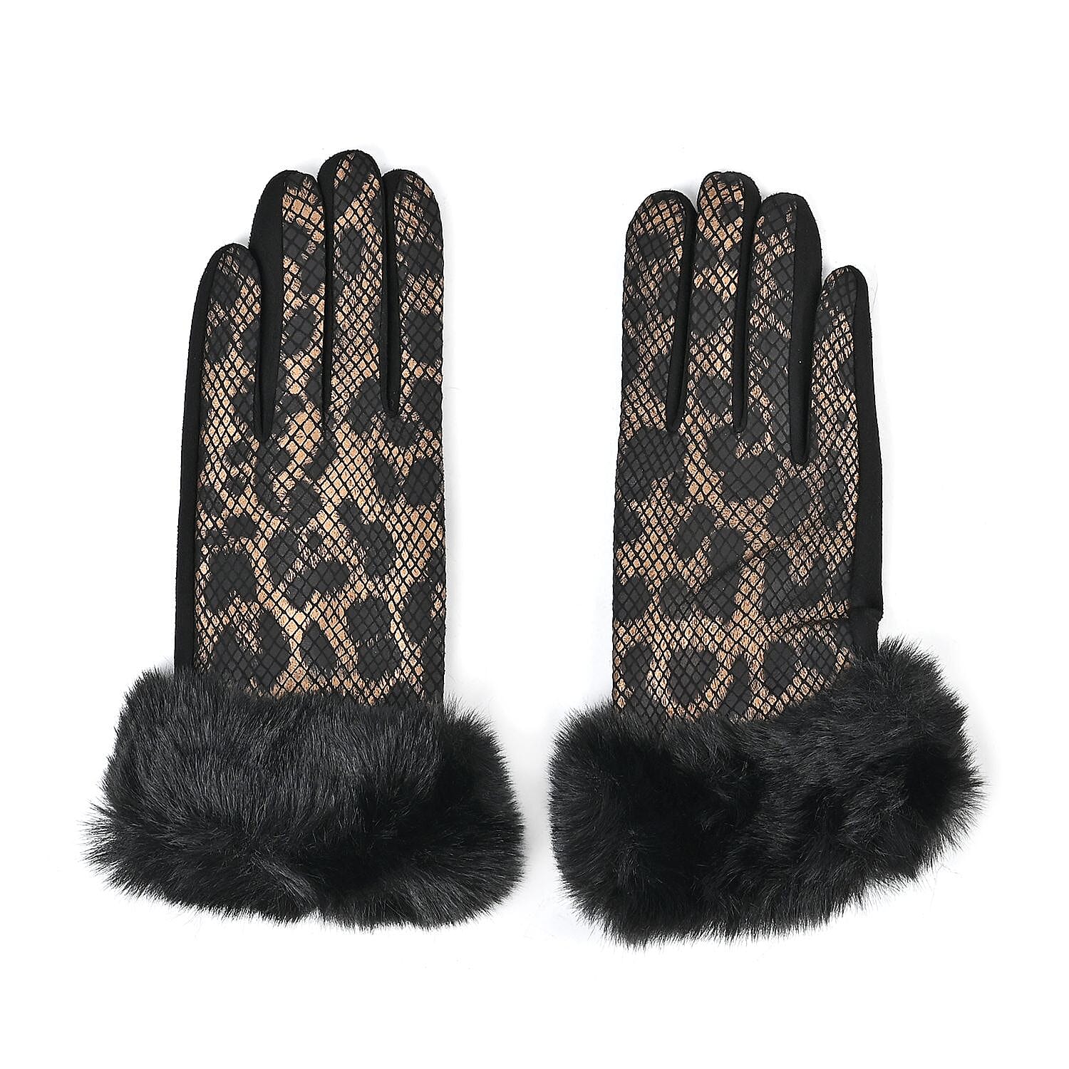 Snakeskin Pattern Touch Screen Super Warm Gloves with Faux Fur Cuff - Black