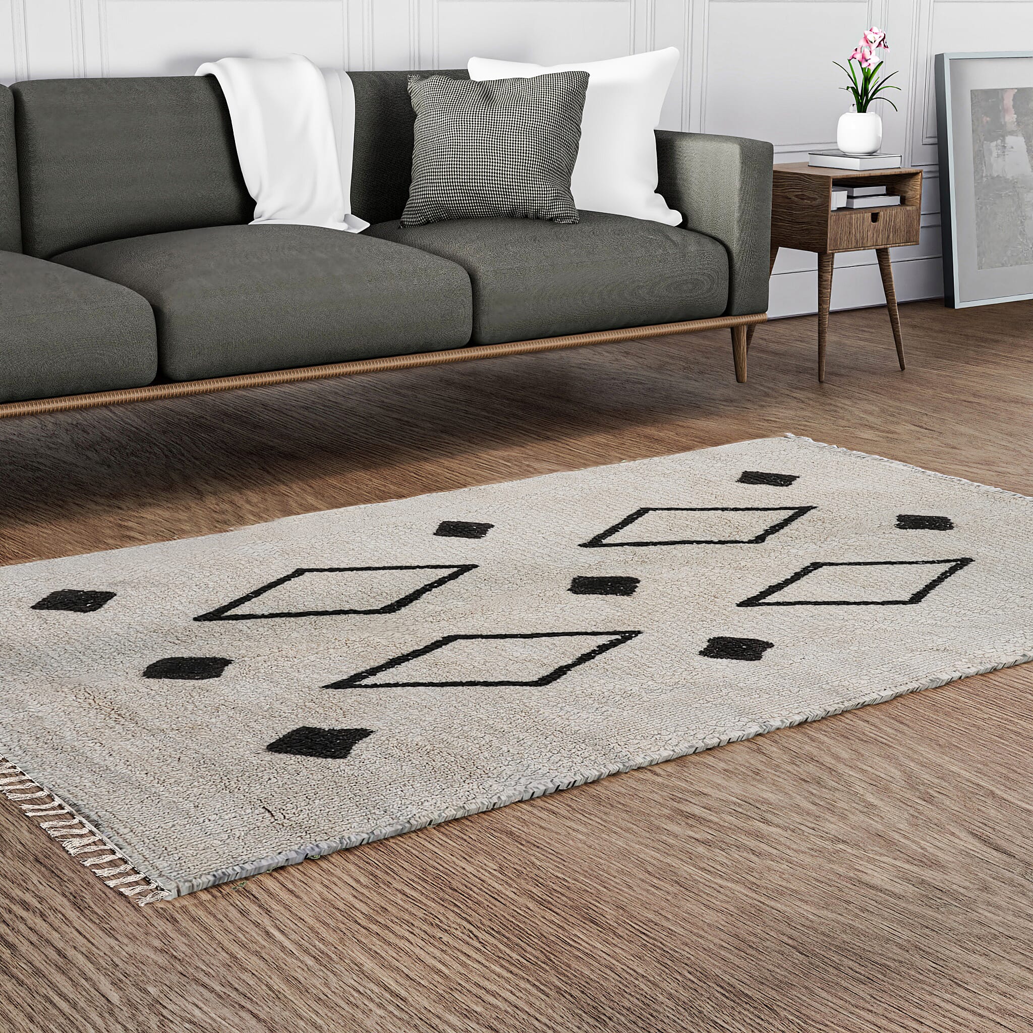 Handmade In India 100% Cotton Tufted Area Rug (Size 152 x 90 cm) - Cream Diamond Pattern