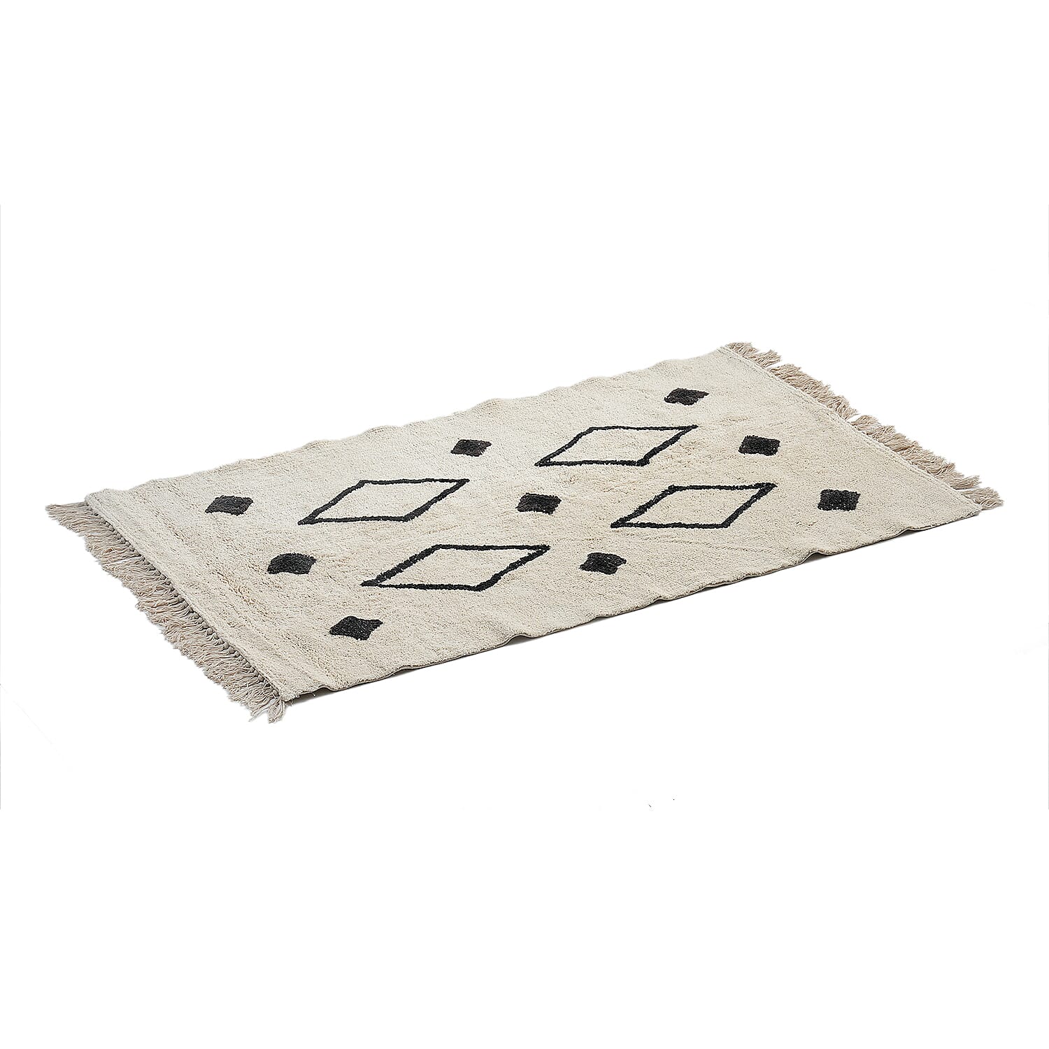 Handmade In India 100% Cotton Tufted Area Rug (Size 152 x 90 cm) - Cream Diamond Pattern