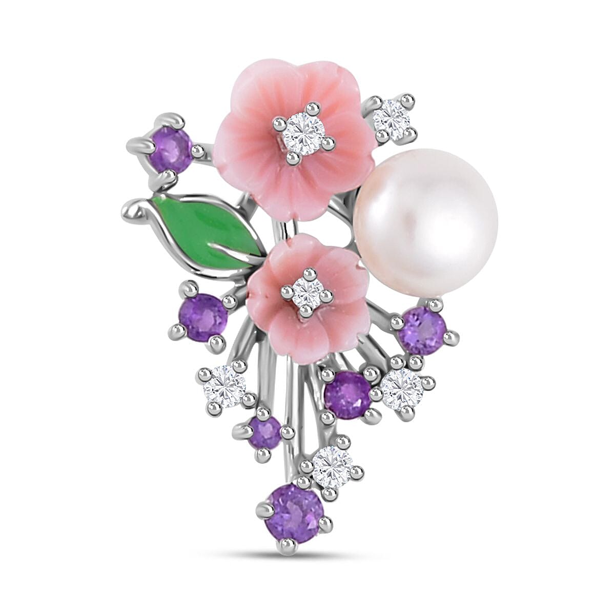 Pink Mother Of Pearl, Amethyst ,Fresh Water Pearl & Natural Zircon  Floral Pendant in Rhodium Overlay Sterling Silver with Enamelling 4.69 Ct.