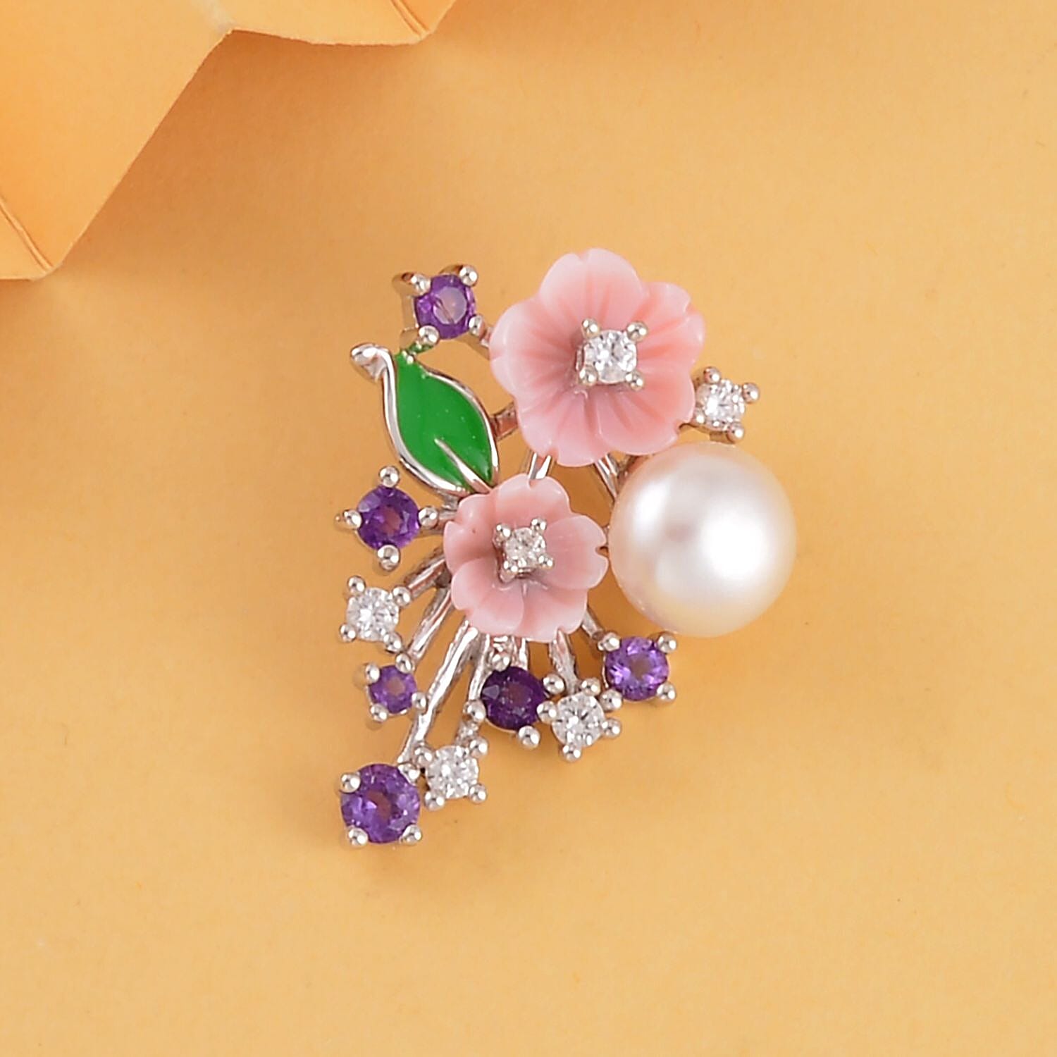 Pink Mother Of Pearl, Amethyst ,Fresh Water Pearl & Natural Zircon  Floral Pendant in Rhodium Overlay Sterling Silver with Enamelling 4.69 Ct.