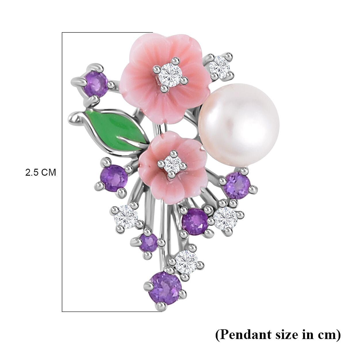 Pink Mother Of Pearl, Amethyst ,Fresh Water Pearl & Natural Zircon  Floral Pendant in Rhodium Overlay Sterling Silver with Enamelling 4.69 Ct.