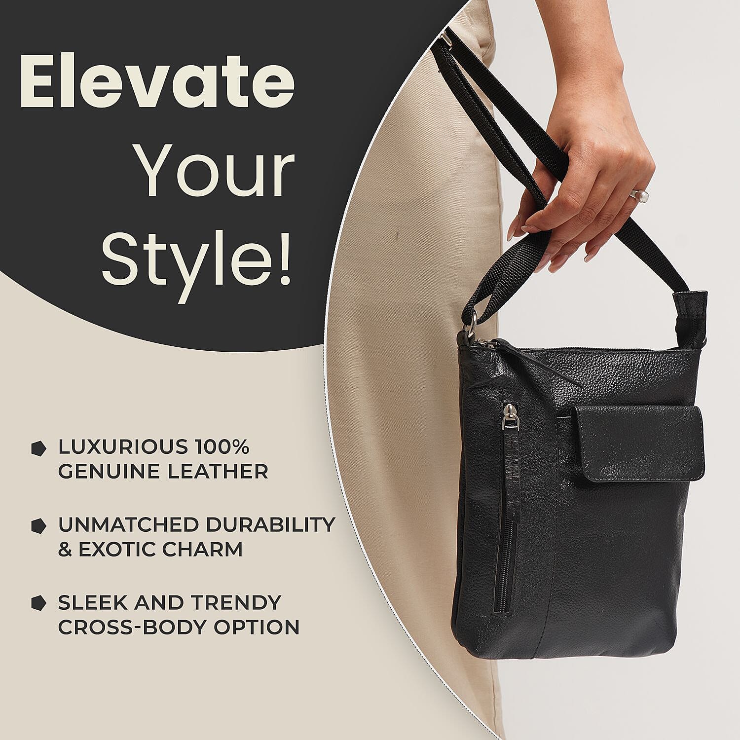 100% Genuine Leather Crossbody Bag With Adjustable Strap - Black