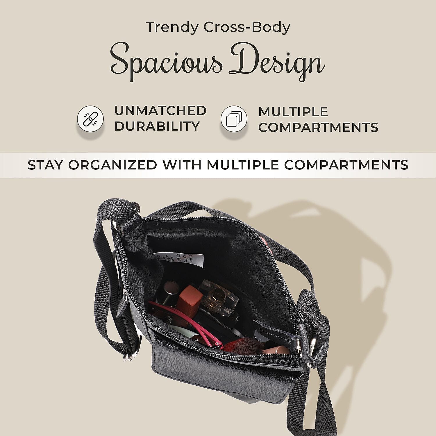 100% Genuine Leather Crossbody Bag With Adjustable Strap - Black