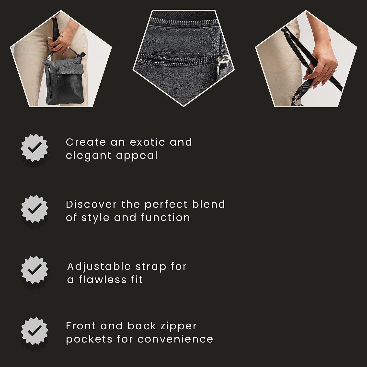 100% Genuine Leather Crossbody Bag With Adjustable Strap - Black