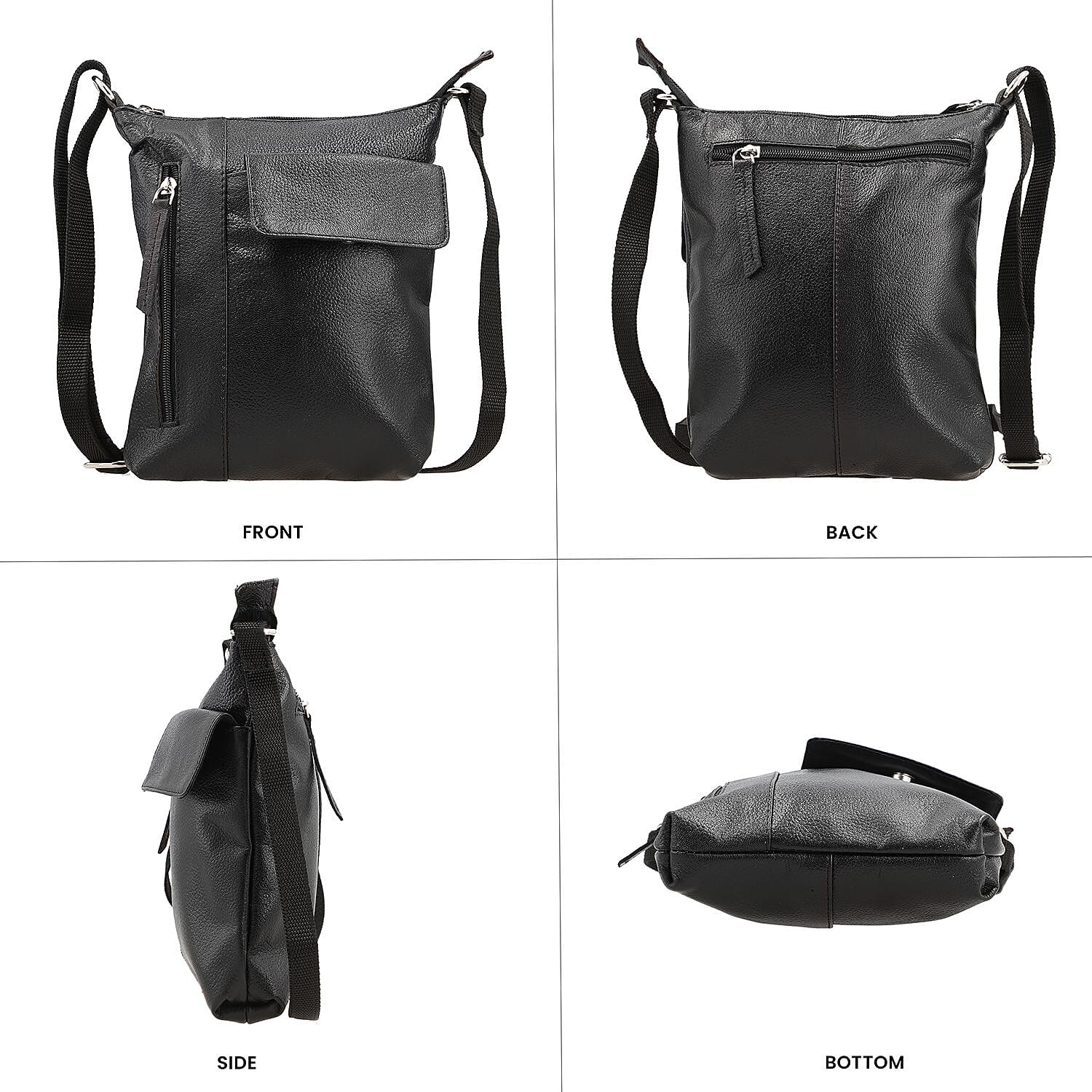 100% Genuine Leather Crossbody Bag With Adjustable Strap - Black