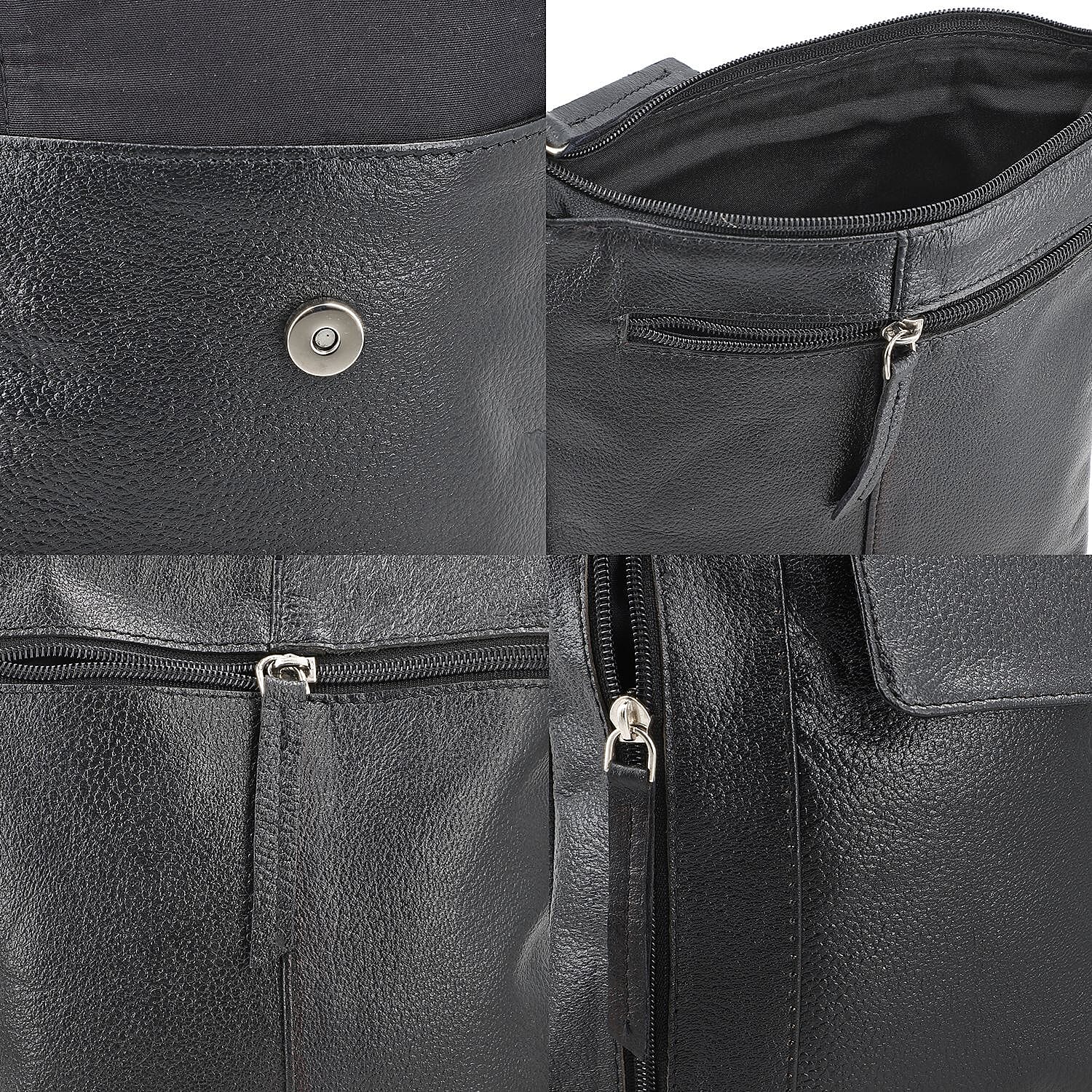 100% Genuine Leather Crossbody Bag With Adjustable Strap - Black