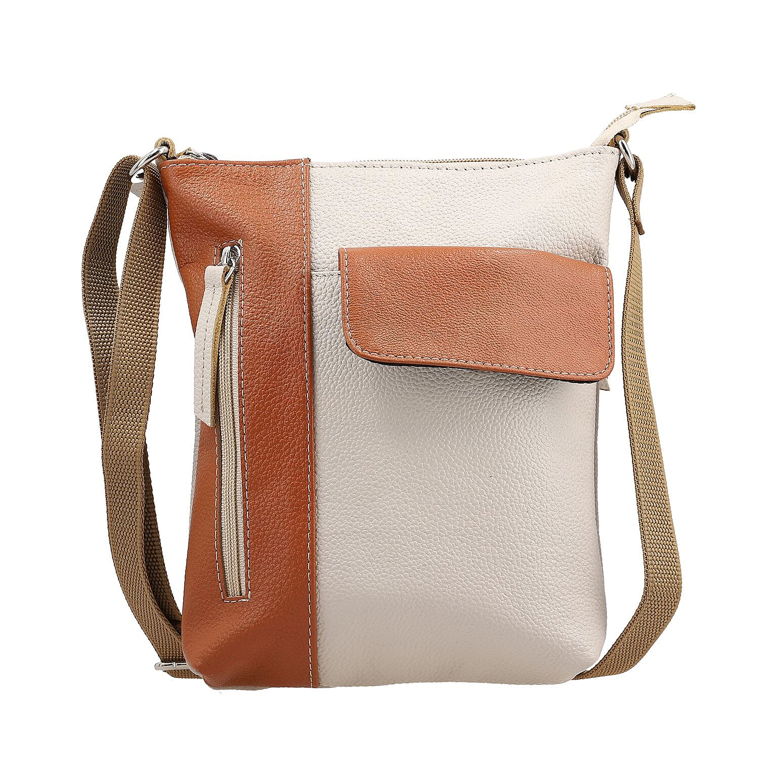 100% Genuine Leather Crossbody Bag With Adjustable Strap - Tan