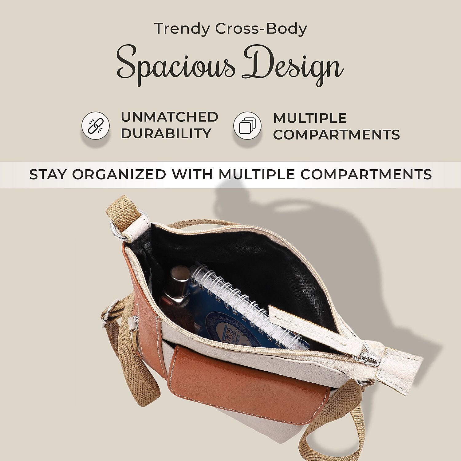 100% Genuine Leather Crossbody Bag With Adjustable Strap - Tan