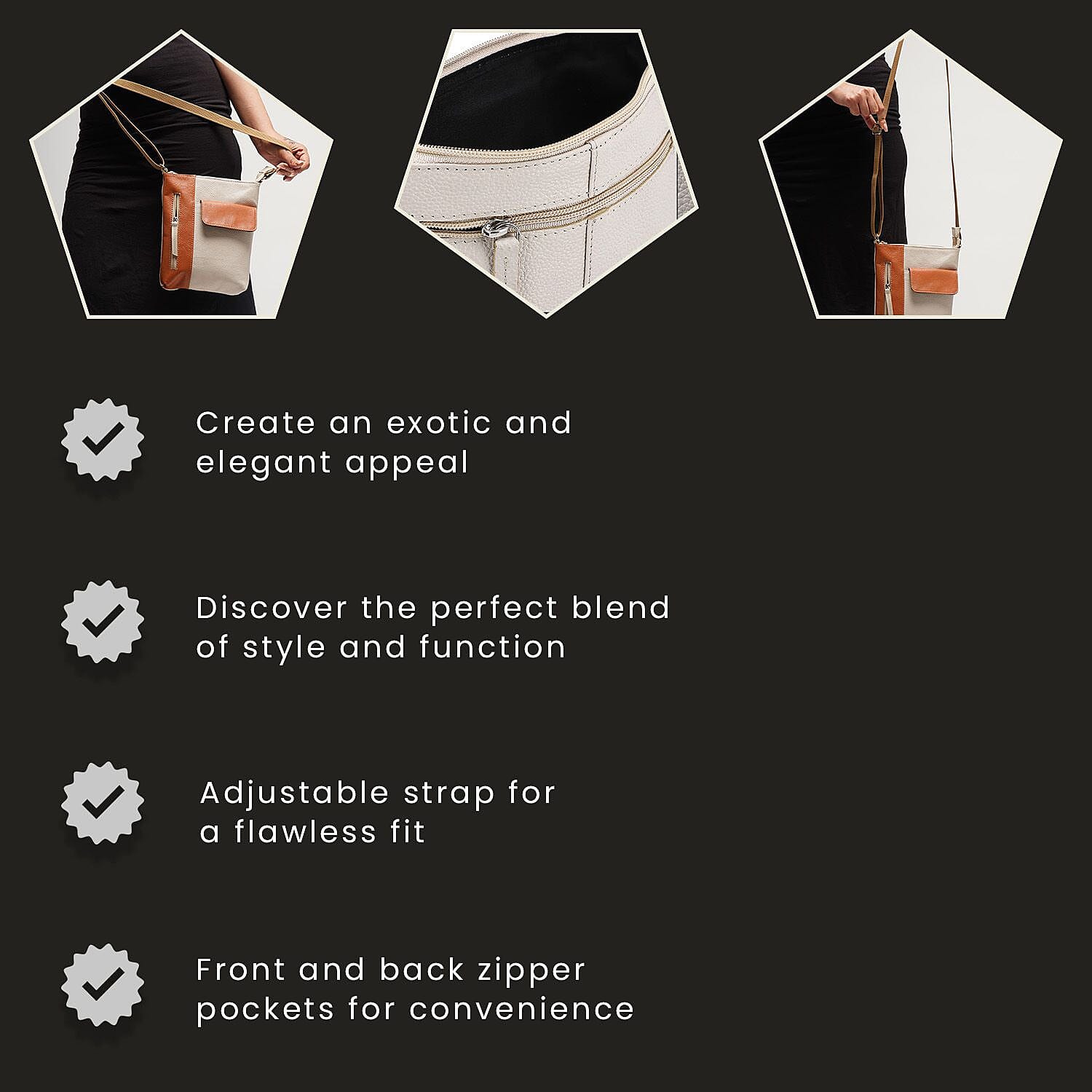 100% Genuine Leather Crossbody Bag With Adjustable Strap - Tan