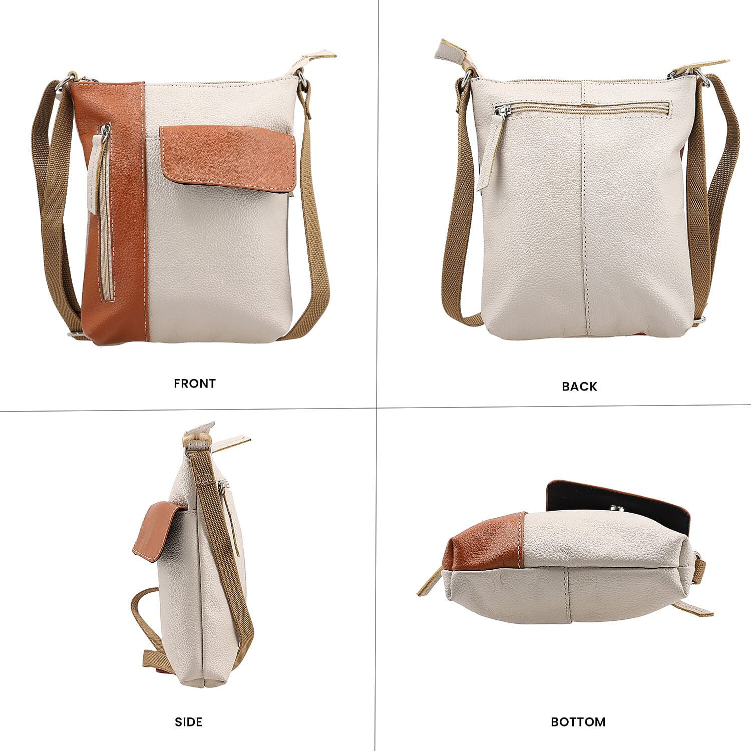 100% Genuine Leather Crossbody Bag With Adjustable Strap - Tan