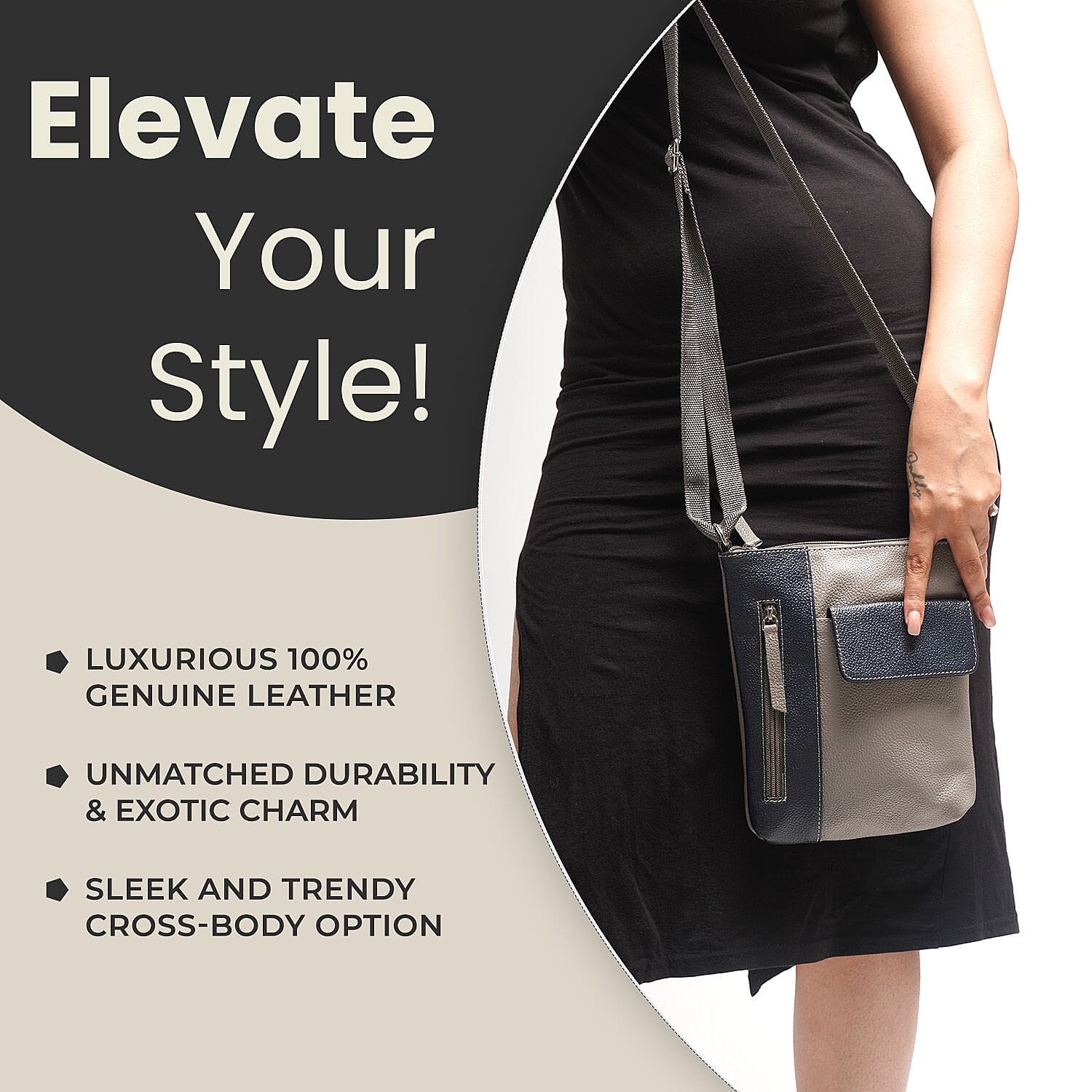 100% Genuine Leather Crossbody Bag With Adjustable Strap - Navy