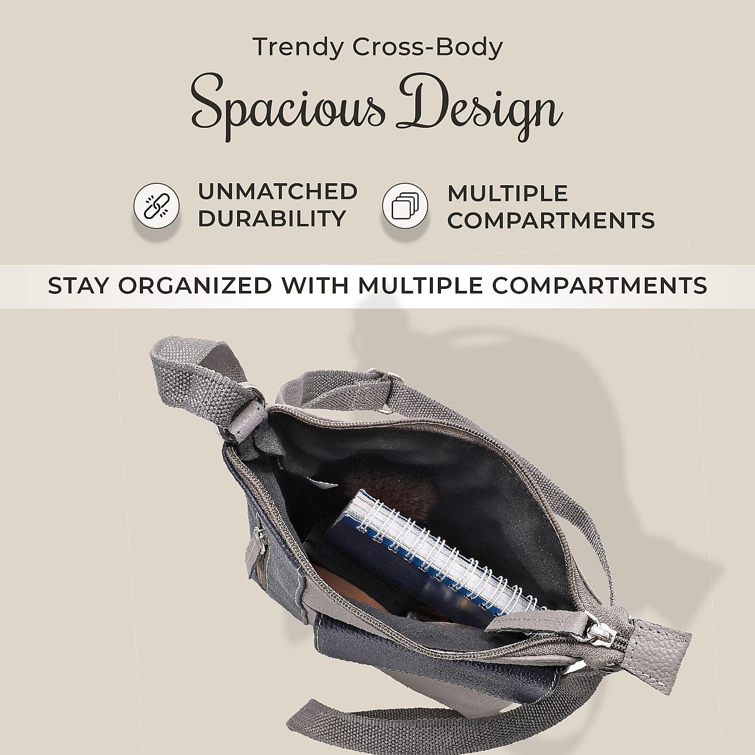 100% Genuine Leather Crossbody Bag With Adjustable Strap - Navy