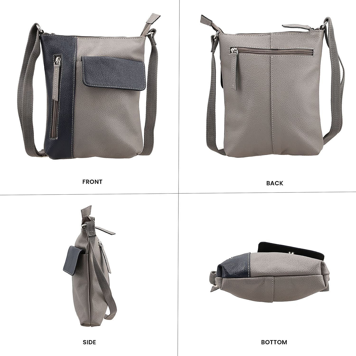 100% Genuine Leather Crossbody Bag With Adjustable Strap - Navy