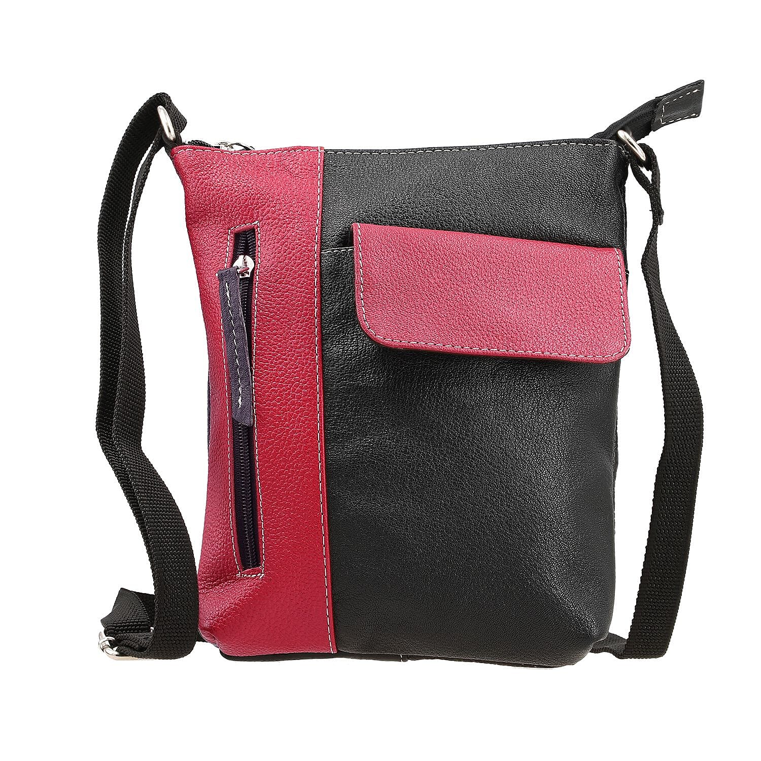 100% Genuine Leather Crossbody Bag With Adjustable Strap - Magenta - Black