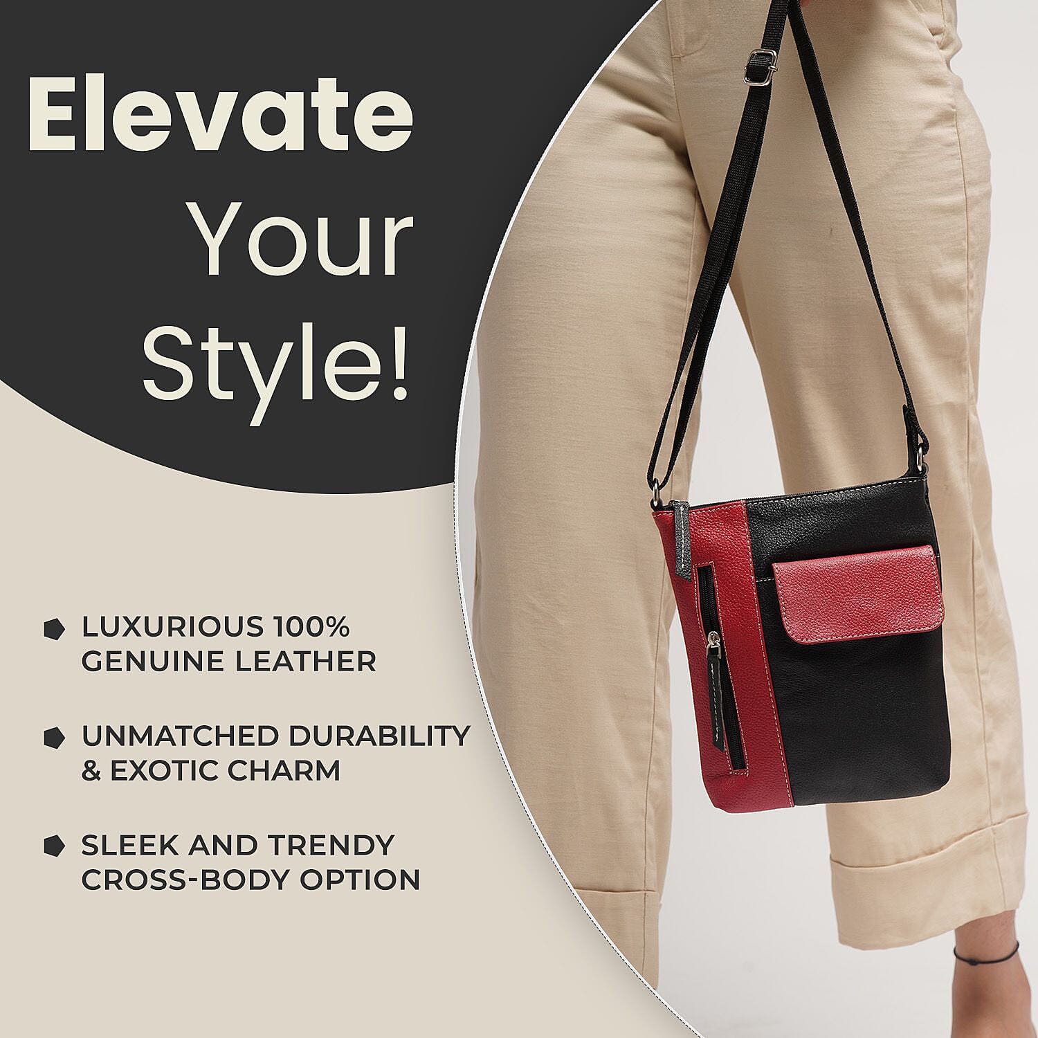 100% Genuine Leather Crossbody Bag With Adjustable Strap - Magenta - Black